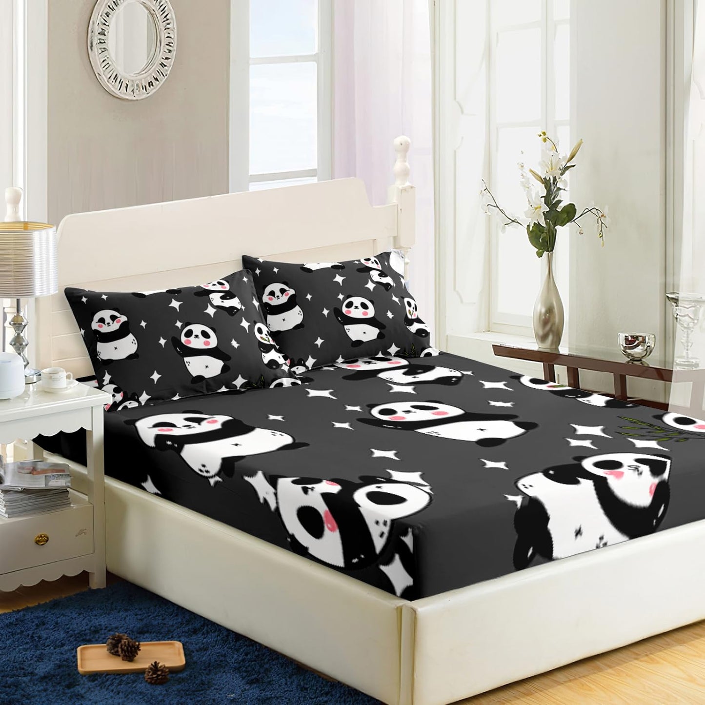 Ailonen Panda Bed Sheet Set, Twin Size - Cute Panda Kawaii Sheets, 1 Fitted Sheet, 2 Pillowcases