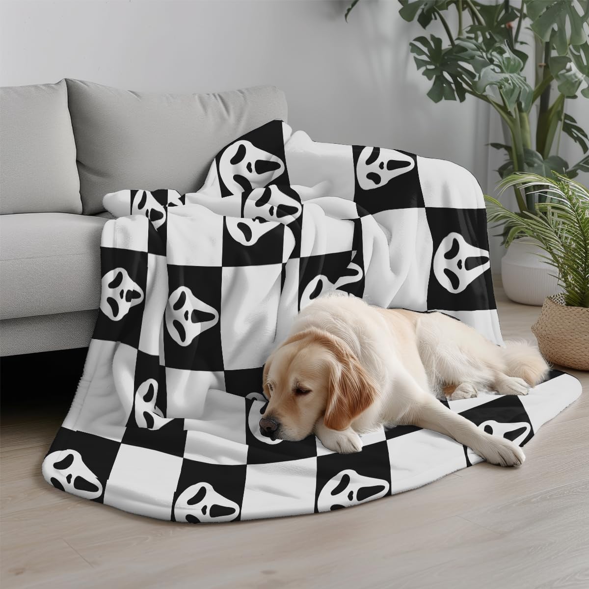 YWZDS Spooky Face Throw Blanket, Black and White Checkered Pattern, Halloween Ghost Blankets Fuzzy Gifts for Sofa Couch Bedroom (60 * 80 inch)