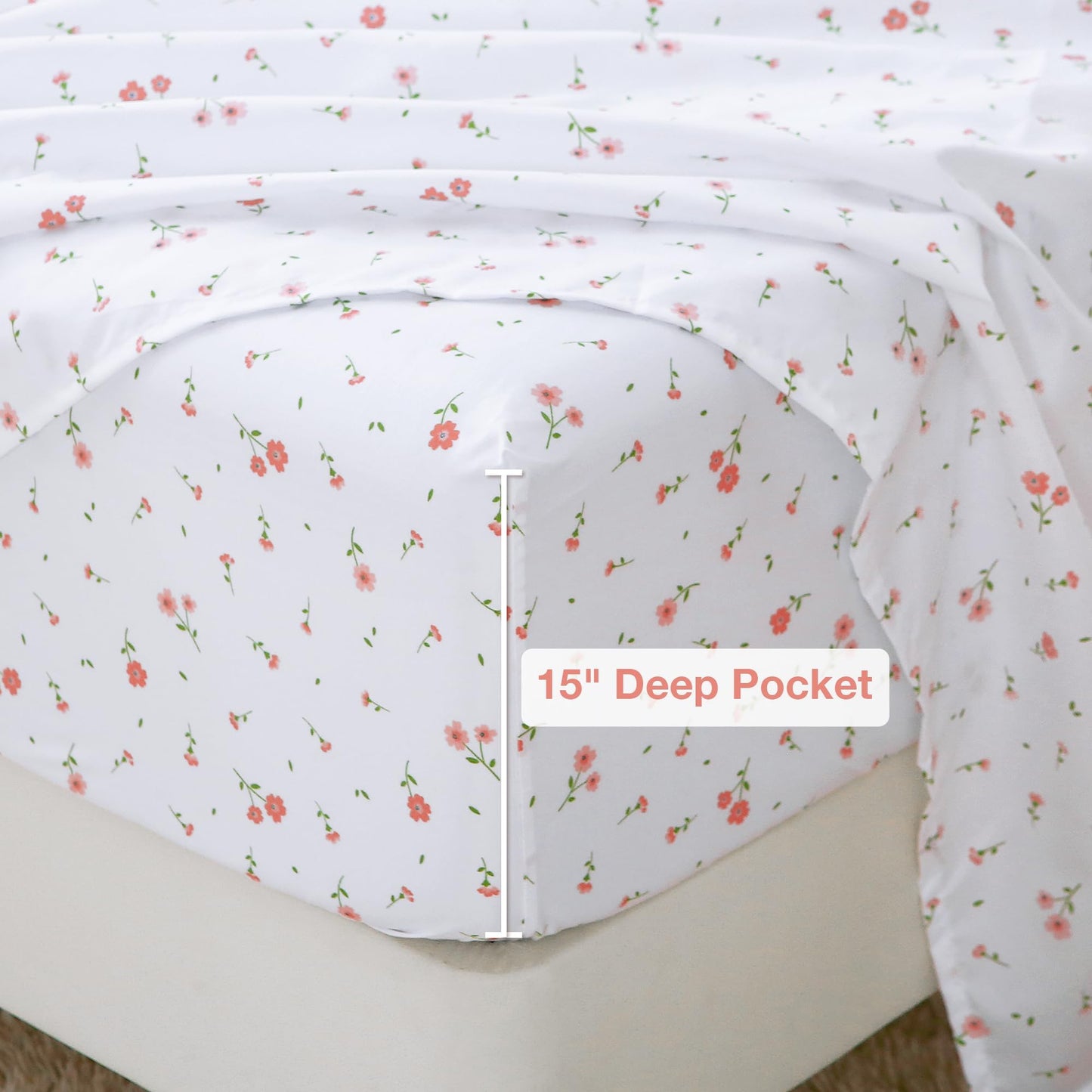 Softan Pink Floral Queen Sheet Set Flower Bed Sheets Queen Size - 4 Piece Microfiber Patterned Fitted Bed Sheets with 15" Deep Pocket, Cozy Cute Pink Flower Sheets and Pillowcase Set