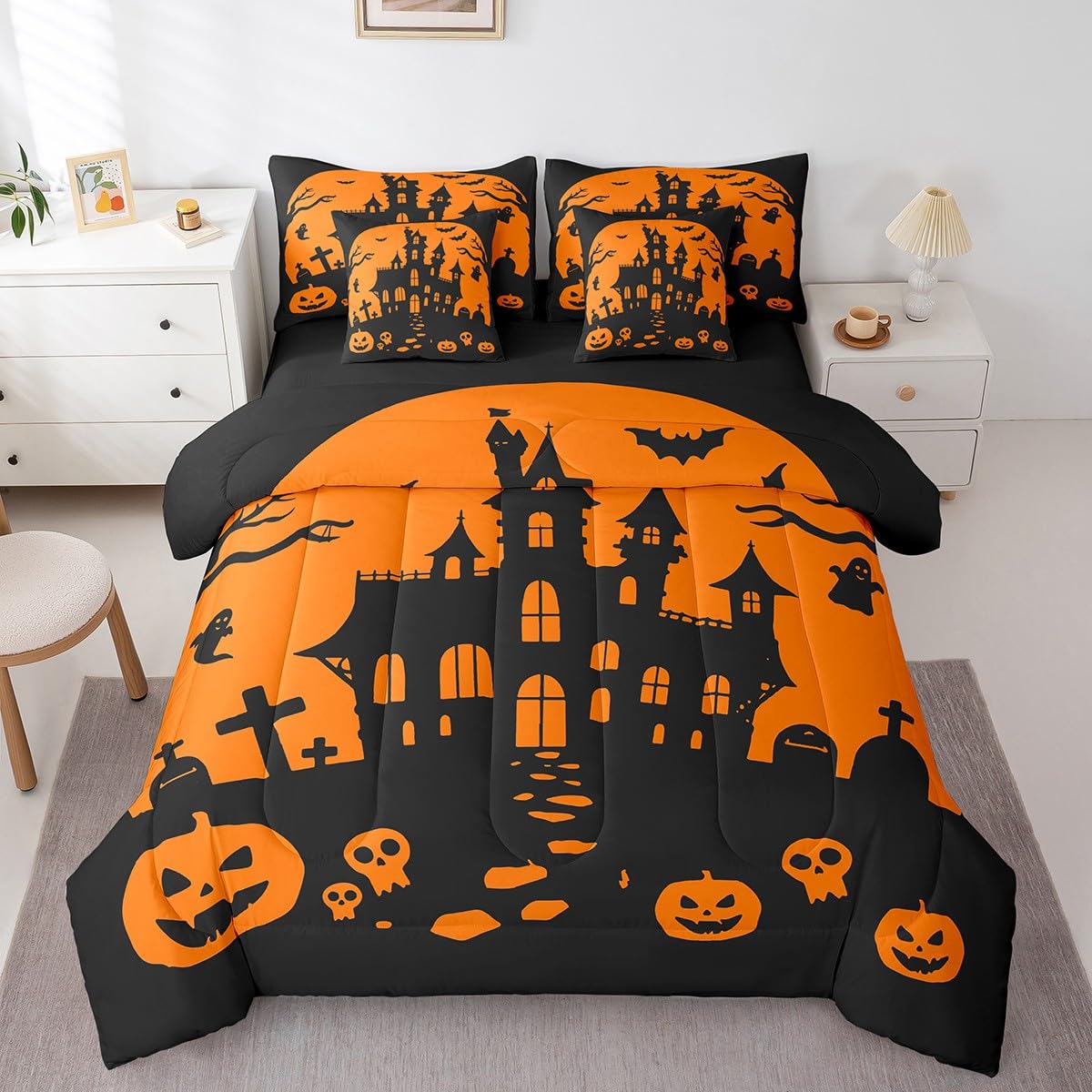 Feelyou Halloween 7 Piece Bedding Set Twin Size Pumpkin Comforter Set with Sheets for Kids Boys Girls Teens Bat Bed in a Bag Horror Castle Bed Set