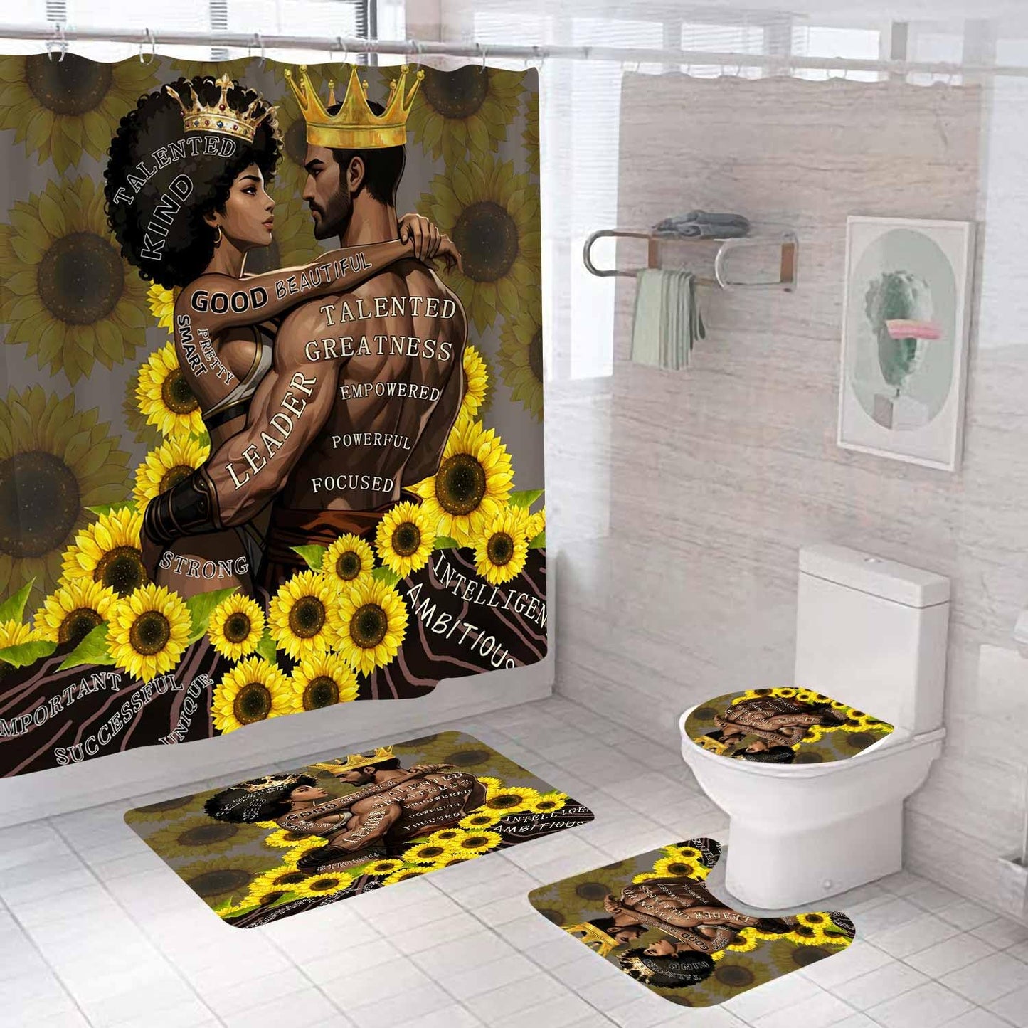 OLEBETY 4PCS African American Shower Curtain Sets with Rugs, Inspirational Quotes Shower Curtain, Sunflower Luxury Gold Crown Black King and Queen Men Women Romantic Afro Couple Lovers Bathroom Decor