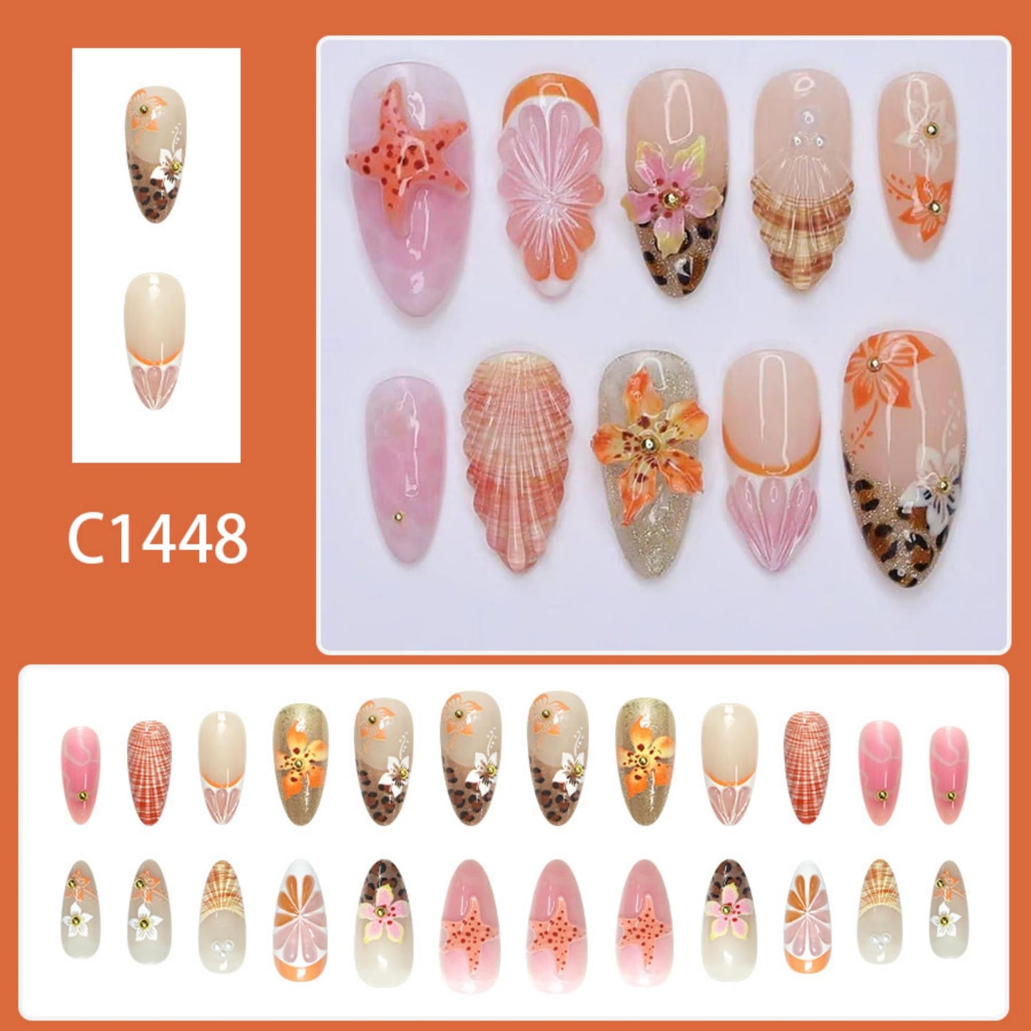 octoswave Medium Press on Nails Almond Fake Nails French Artificial Nail Flowers and 3D Embossed Stick on Nail for Women 24pcs