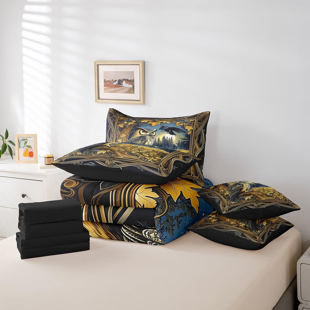 Feelyou Boys Girls Owl 7 Pieces Bedding Set Queen Size, Cute Animal Bed in A Bag Kids Wild Animal Comforter Set with Sheets West Teens Bed Set Bedroom Decor 7Pcs