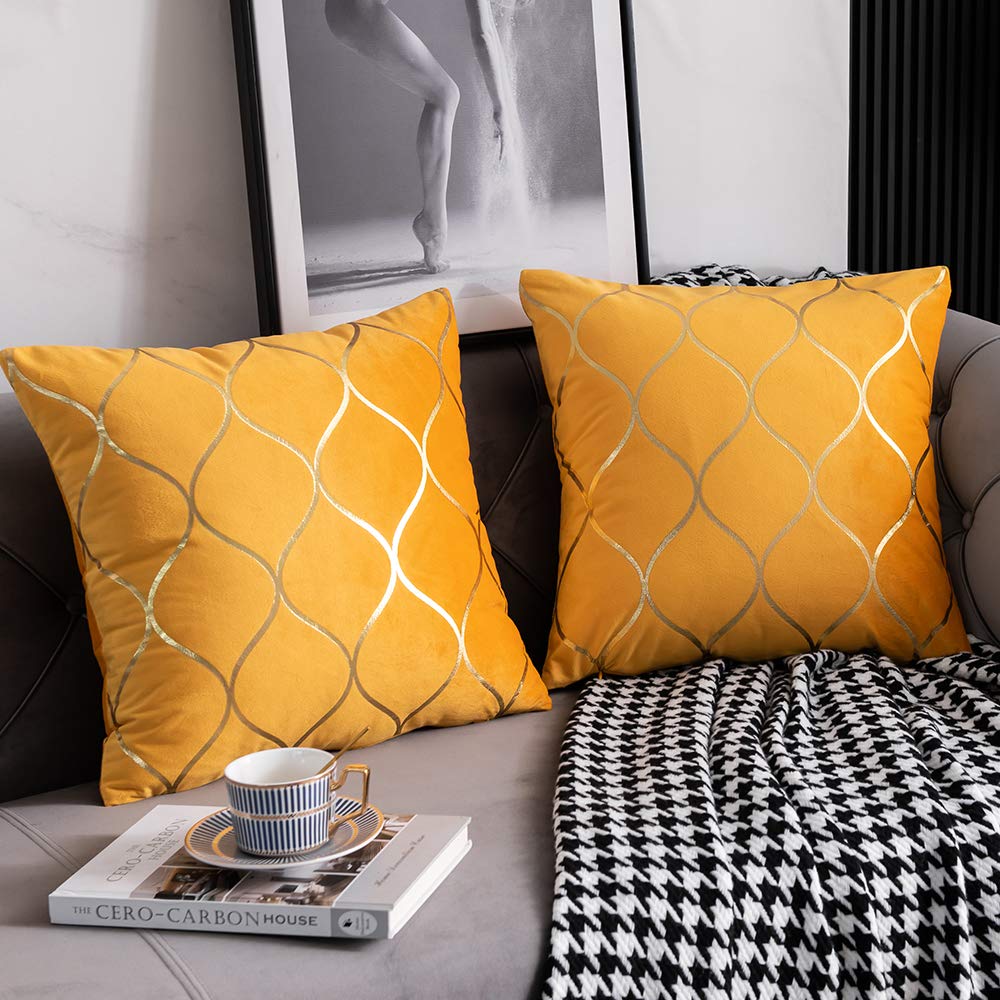 DEZENE 26x26 Inch Gold Velvet Euro Sham Pillow Covers: 2 Pack Square Decorative Pillow Cases for Bedroom Sofa Couch Living Room, Yellow