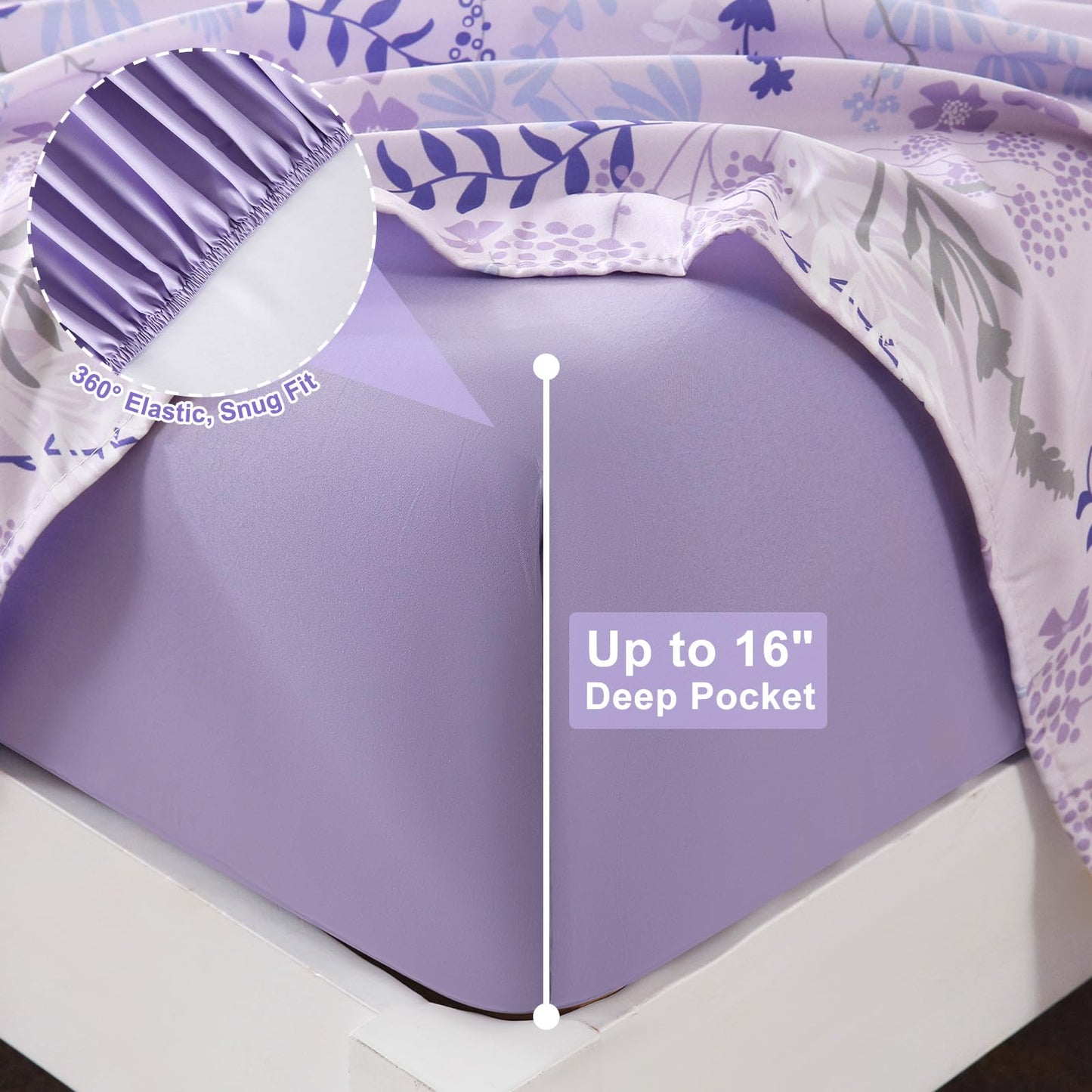 Botanical 6-Piece Full Size Sheets Set, Boho Floral Print Brushed Microfiber Sheets, Cooling Bed Sheet Set, Ultra Soft & Breathable, 16' Deep Pocket Fitted Sheet & Pillowcase Set, Purple Floral