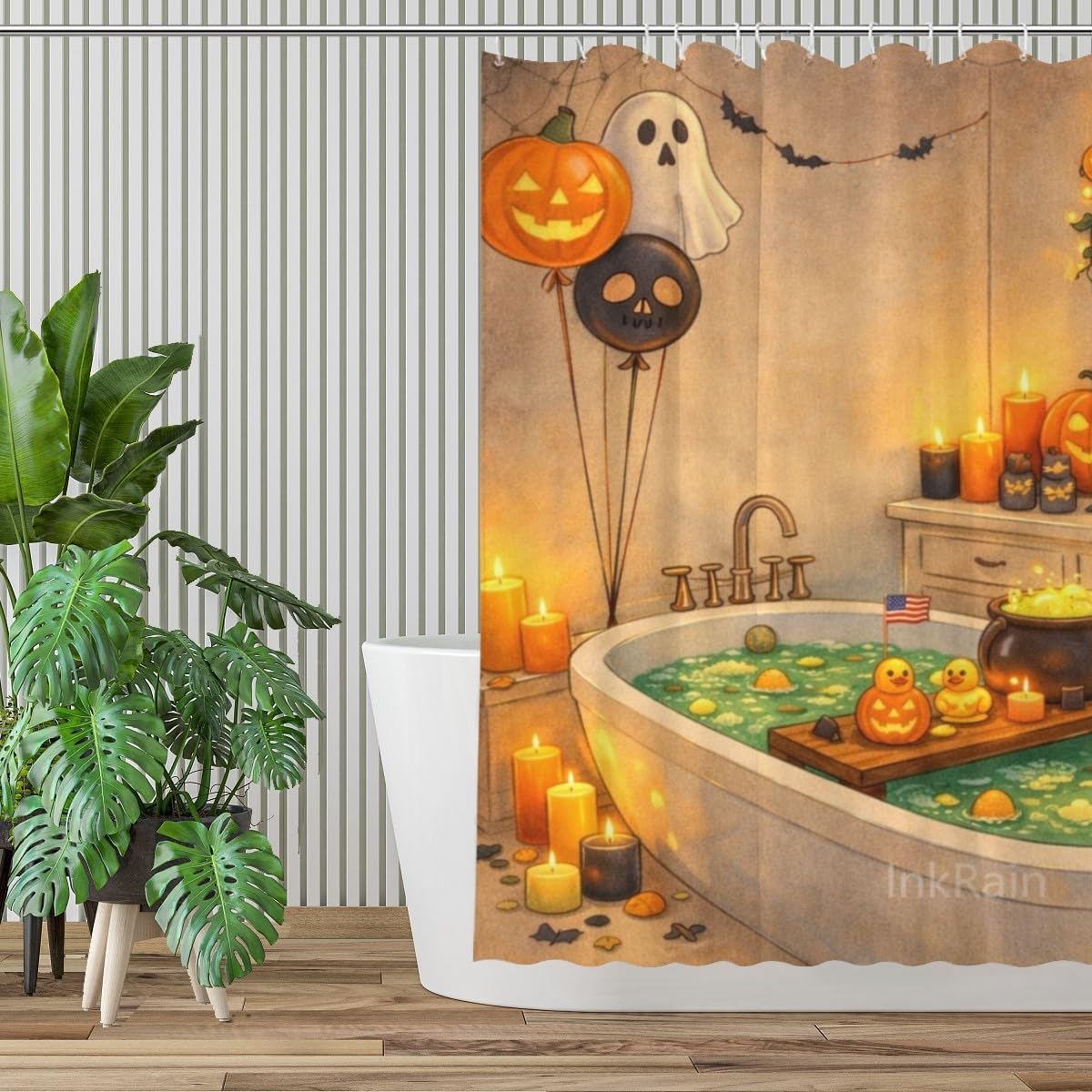 InkRain Halloween Shower Curtain for Bathroom Bathroom Decor Farmhouse Bathtub Decor Fabric Waterproof Bath Curtain 72x80 Inch with 12 Hooks