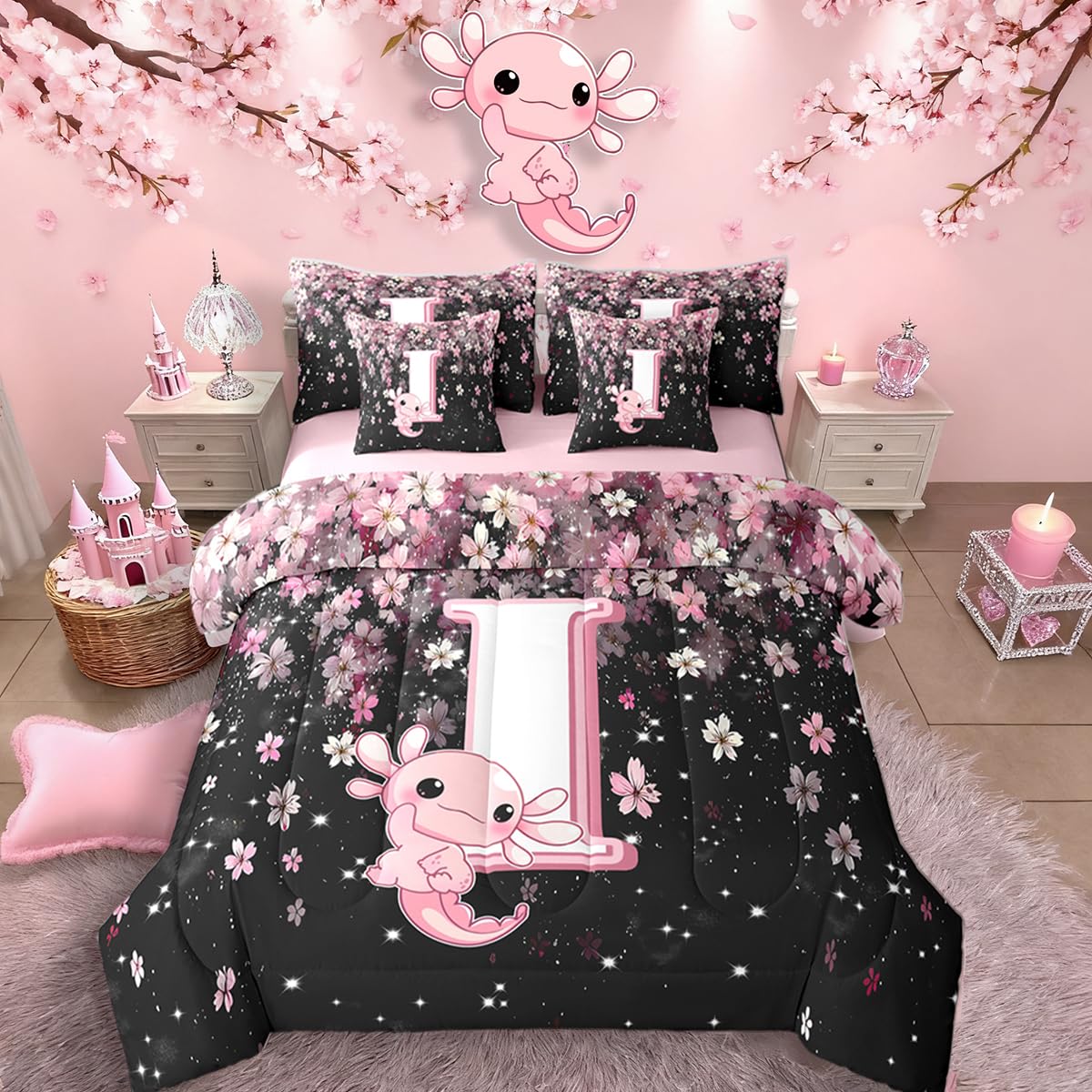 Erosebridal Japanese Cherry Blossom Bedding Set (Twin Size,7 Pieces) Cute Initial Axolotl Comforter Set with Sheets for Teen Girl Pink Axolotl Bed in A Bag with Letter I Design Monogram Duvet Insert