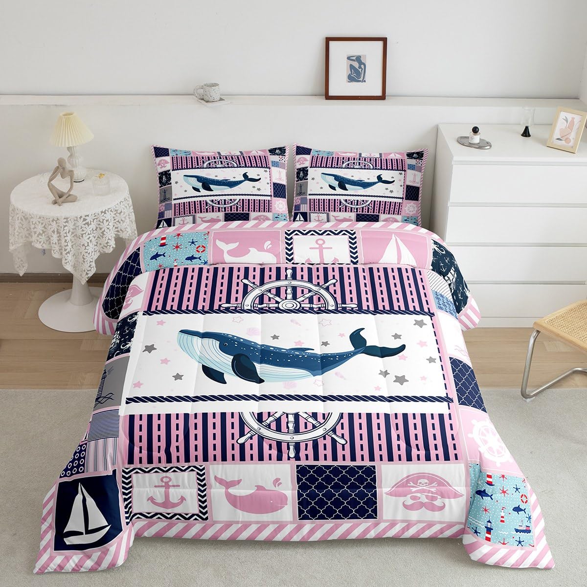Homewish Nautical Comforter Set Queen Size,Whale Stars Anchor Lighthouse Bedding Set for Women Adult,Pink Grid Stripes Geometric Luxury Bed Duvet Insert, 2 Pillowcases