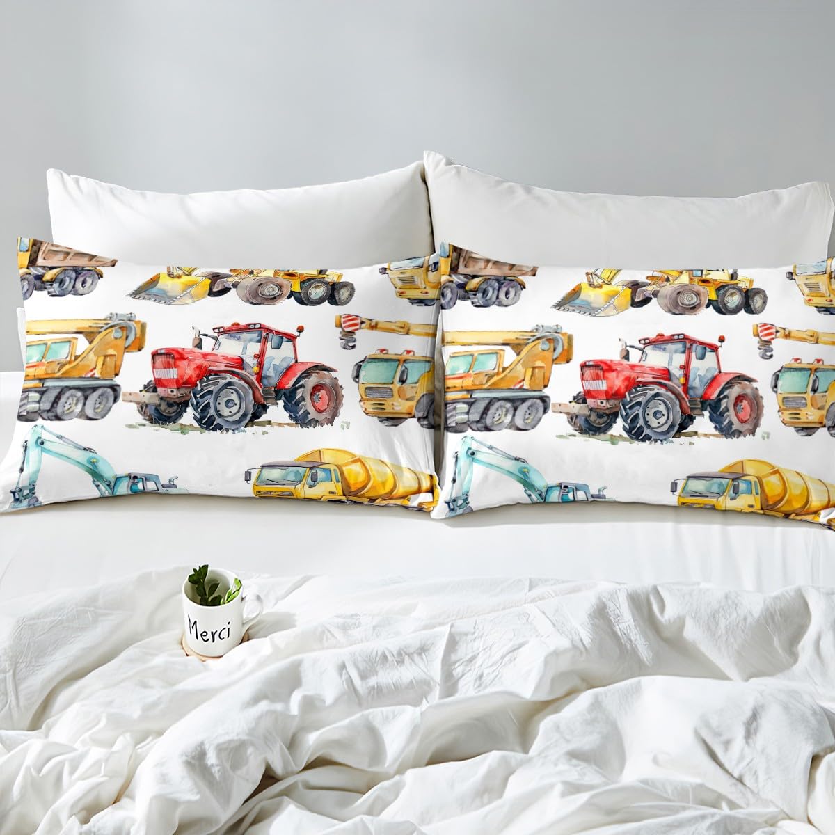 Erosebridal Excavator Bedding Set Full Size Truck Sheet Set for Kids Boys Girls Children Tractor Machinery Truck Fitted Sheet Crane Digger Mixer Bed Sheet Lightweight Décor