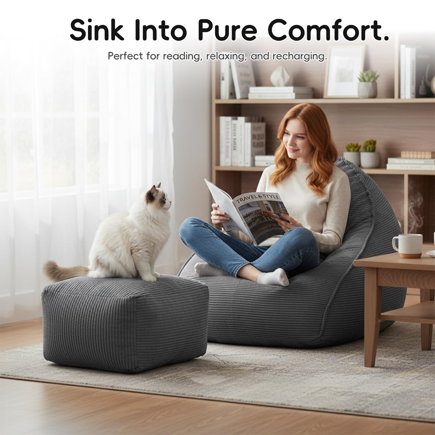 Bean Bag Chair with Ottoman for Adults, Large Corduroy Bean Bag Couch, Boneless Chaise Lounge Reading Chair with High-Resilience Foam, Floor Lounger for Bedroom Living Room (Grey)