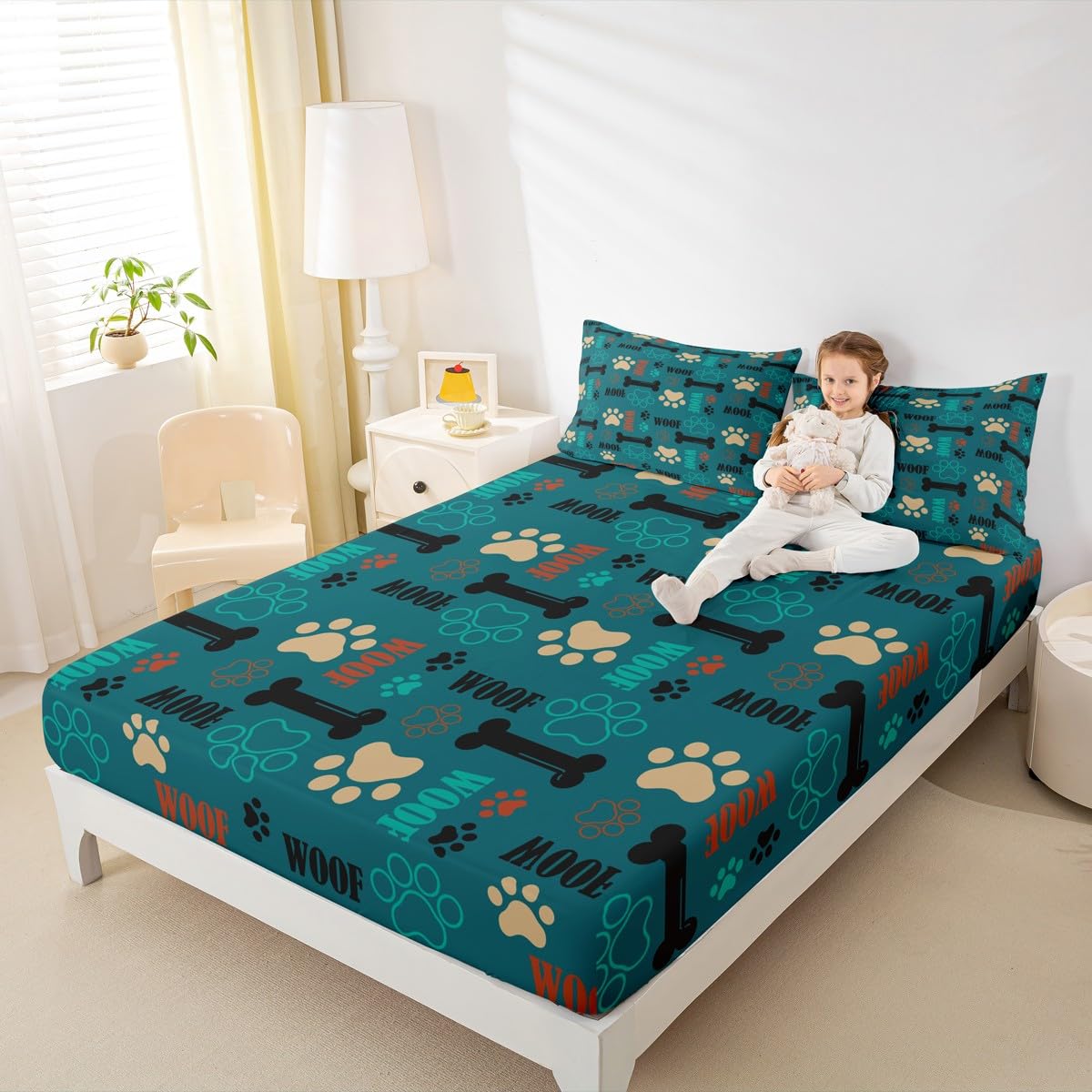 Cute Dog Paw Print Bed Sheet Set Twin Size,Puppy Dog Pets Lovers Style Fitted Sheet + 1 Flat + 1 Pillow Sham,Bone Cartoon Animal Green Bed Mattress Cover for Kids Boys Gift,Ultra Soft