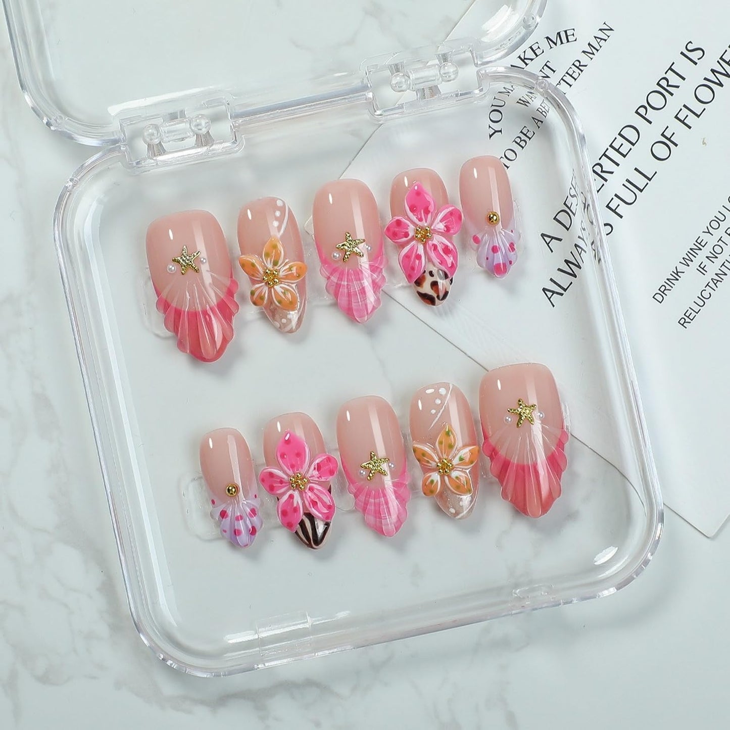 Handmade Press on Nails French Tip Acrylic Nails Medium Almond Fake Nails with 3D Flower & Starfish Designs Thickened Salon Quality Stick on Nails Muti-Layer Gel Acrylic Nails for Women（Size M)