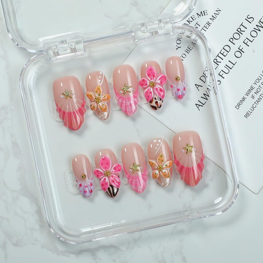 Handmade Press on Nails French Tip Acrylic Nails Medium Almond Fake Nails with 3D Flower & Starfish Designs Thickened Salon Quality Stick on Nails Muti-Layer Gel Acrylic Nails for Women（Size M)
