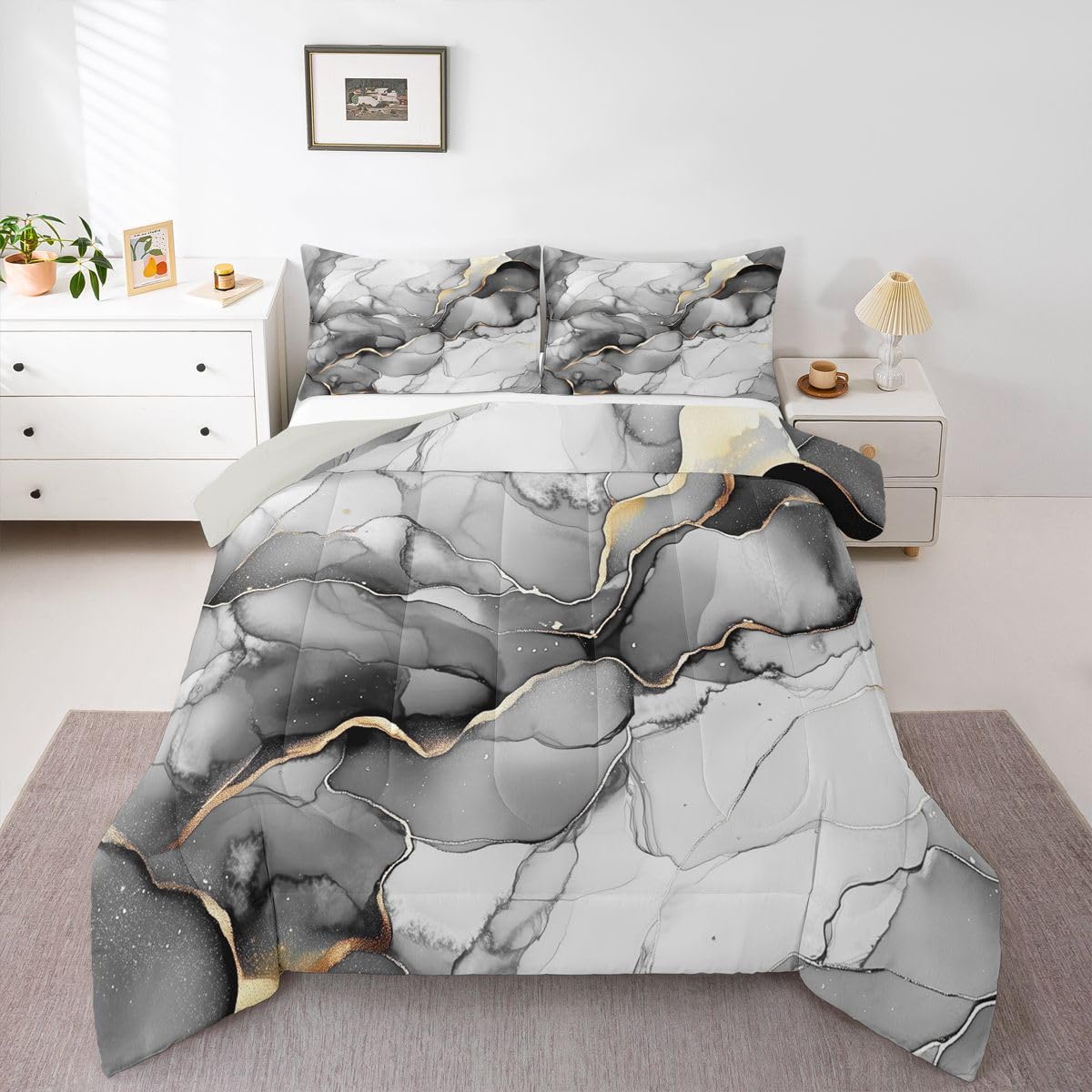Erosebridal Grey Marbling Bedding Set King Marble Pattern Comforter Set for Kids Boys Girls Gold Ink Fluid Art Down Comforter,Ombre Marble Textured Quilt Duvet