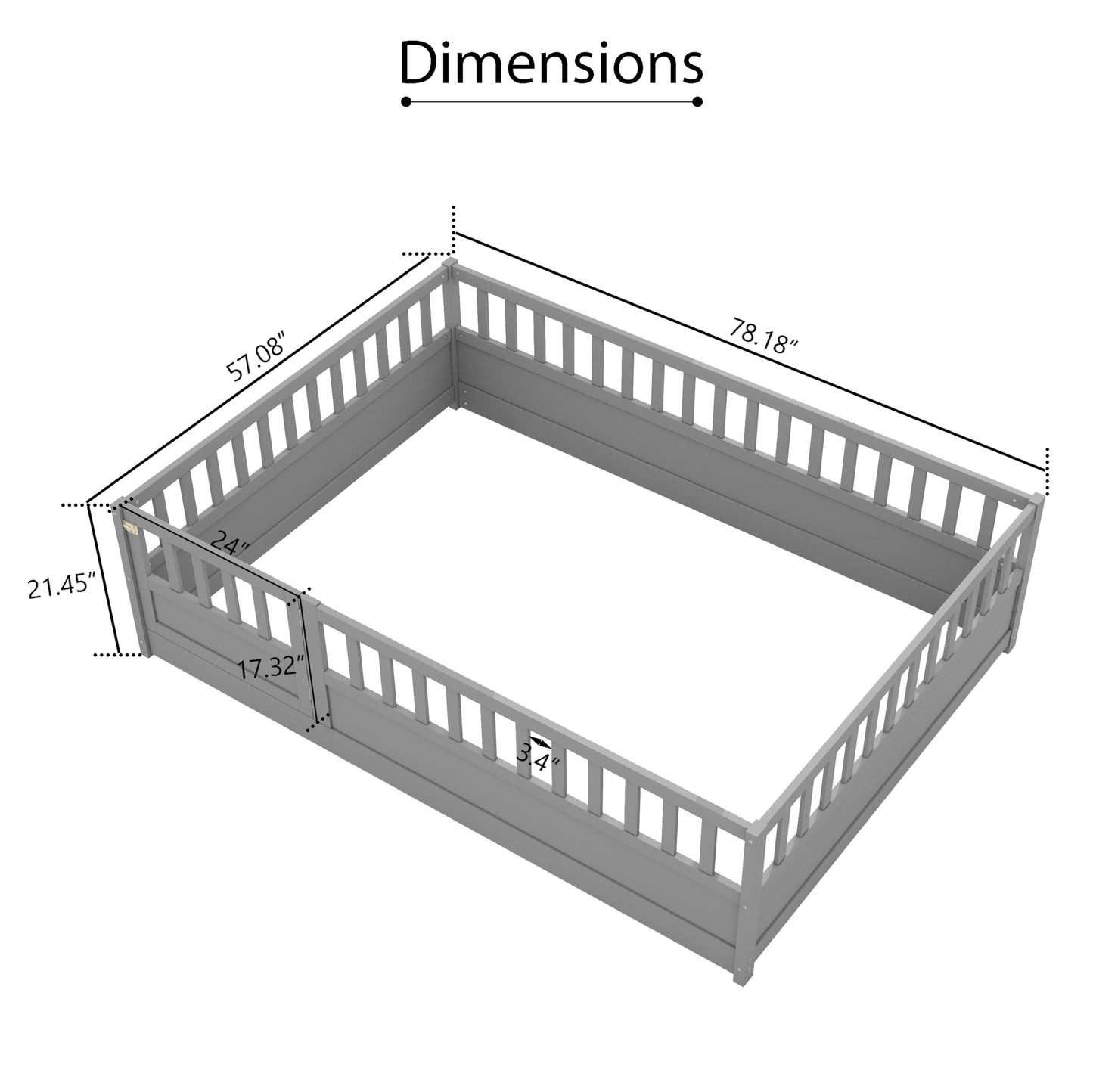 KEIKI Full Kids Floor Bed, Montessori Kids Floor Bedframe with Fence & Door, Children's Wood Bed for Living Room, Gray