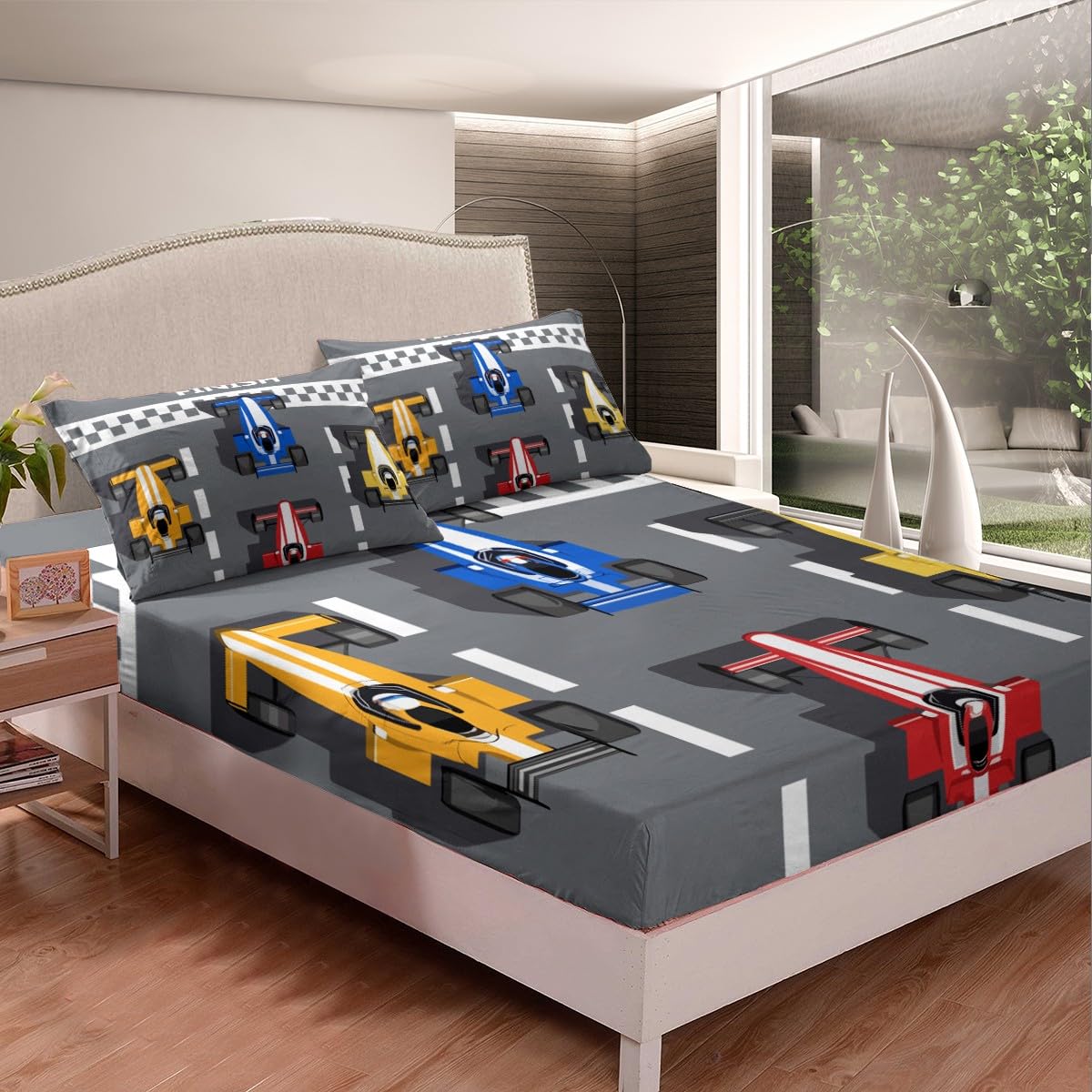 Boys Race Car Bedding Sets Formula Car Racer Fitted Sheet Extreme Speed Sports Games Bed Cover for Kids Car Theme Bedroom Decor Formula Racing Car Sheet Set with 1 Pillow Case Twin No Top Flat Sheet