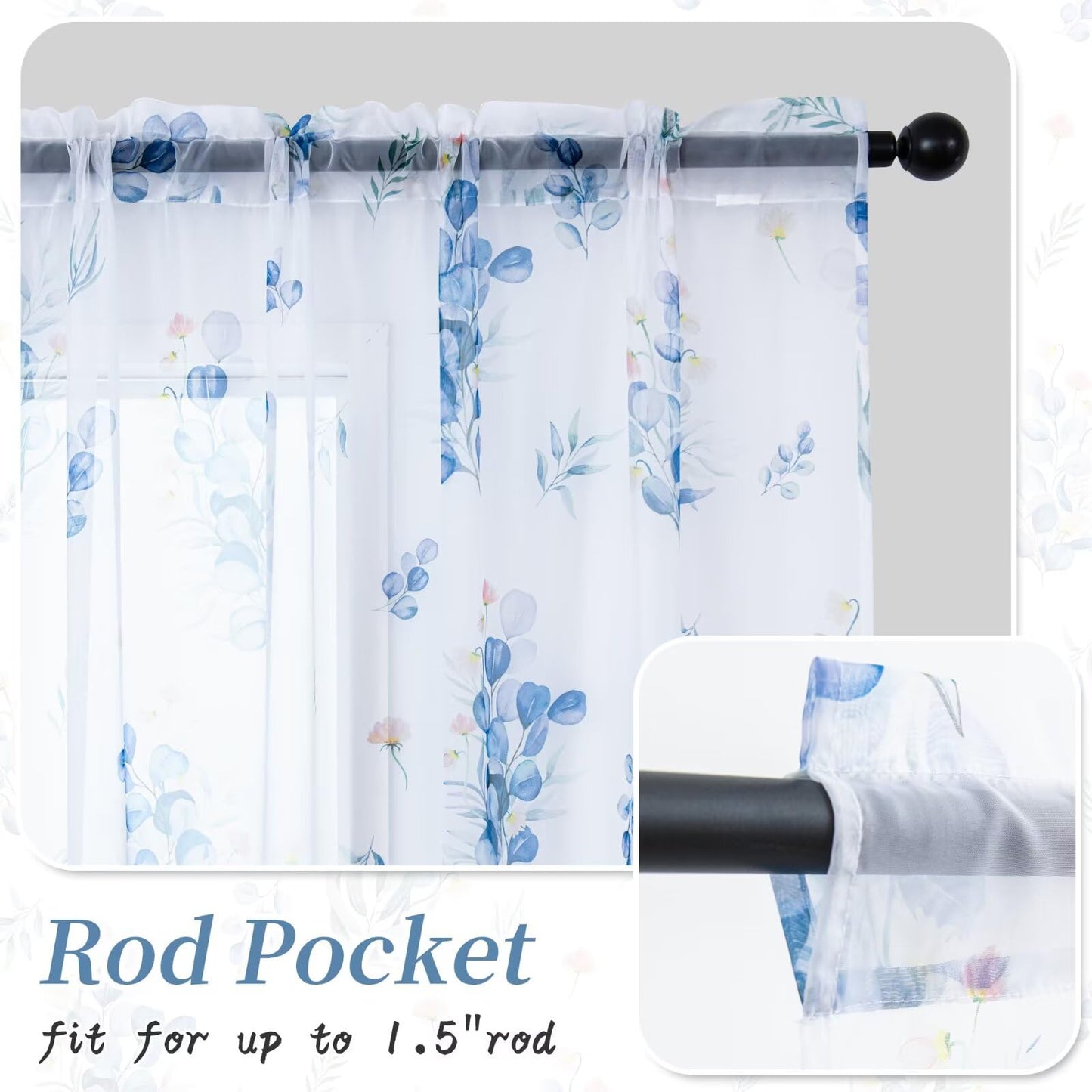 youleyar Floral Sheer Curtains for Living Room 84 Inches Long 2 Panels White Semi-Sheer Curtain with Blue Floral Printed Pattern Summer/Spring Rod Pocket Voile Drapes for Bedroom, 52" W x 84" L
