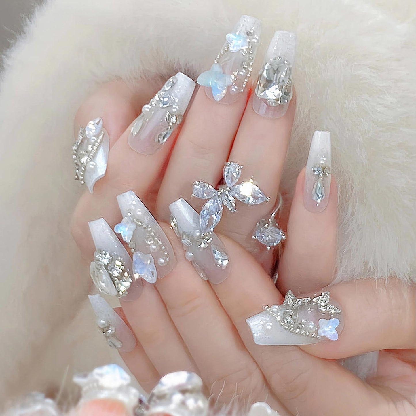 MISUD Press on Nails - Long Coffin Fake Nails with White Rhinestone, Acrylic Handmade Design 24 pcs