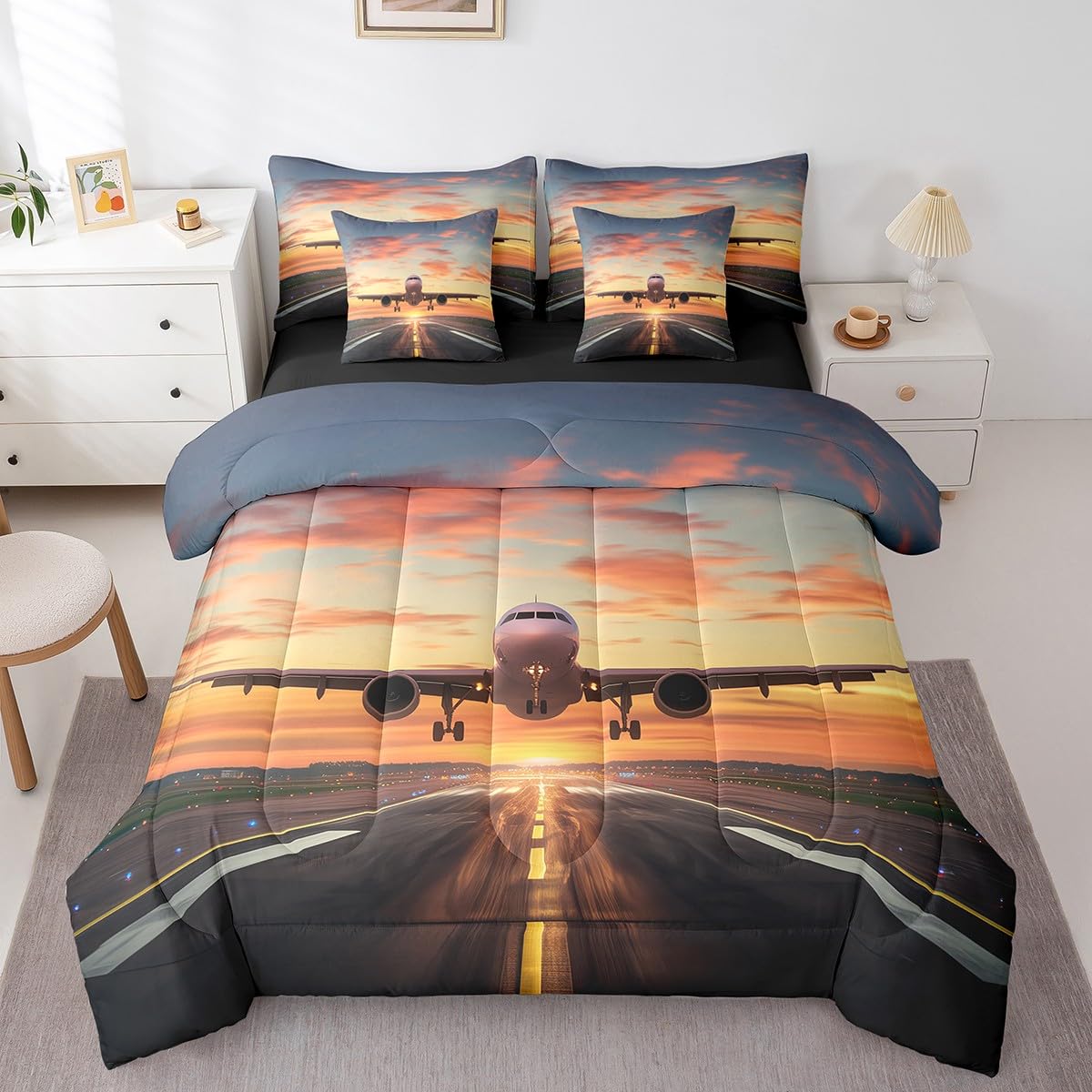 Erosebridal Airplane Full Bedding Set 7 Piece Aircraft Bed in A Bag Airport Runway Comforter Set for Kids Boys Adults Men Airplane Sheet Set with Comforter