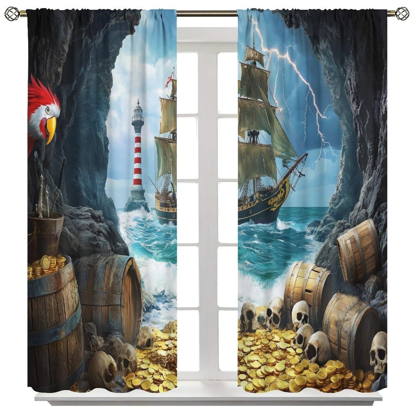 wlsgdsg Pirate Ship Curtains for Boys Retro Medieval Nautical Era Pirate Ship Treasure Gold Coin Pattern Window Treatments for Kids Teen Bedroom Living Room 42x44.5In（No Blackout）