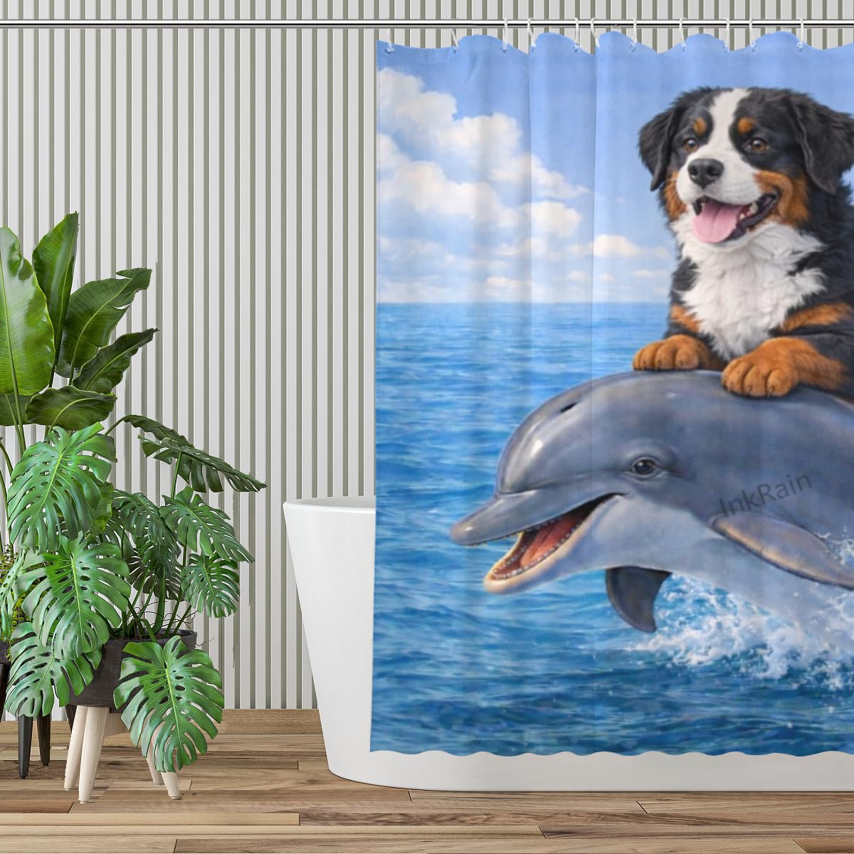 InkRain Ocean Bernese Mountain Shower Curtain with 12 Hooks Cute Puppy Riding Dolphin Bathroom Decor Waterproof Polyester Fabric Coastal Beach Bath Curtain 72x72 Inch