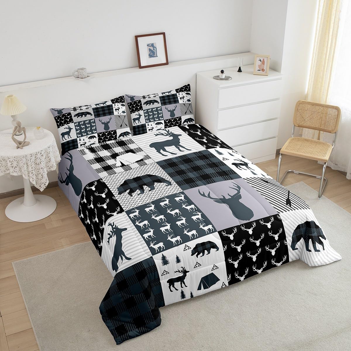 Feelyou Rustic Deer Bear Comforter Set Twin, Camping Hunting Comforter Set for Kids Western Farmhouse Comforter Bear Antler Silhouette Duvet Set Breathable Quilt Set 2Pcs