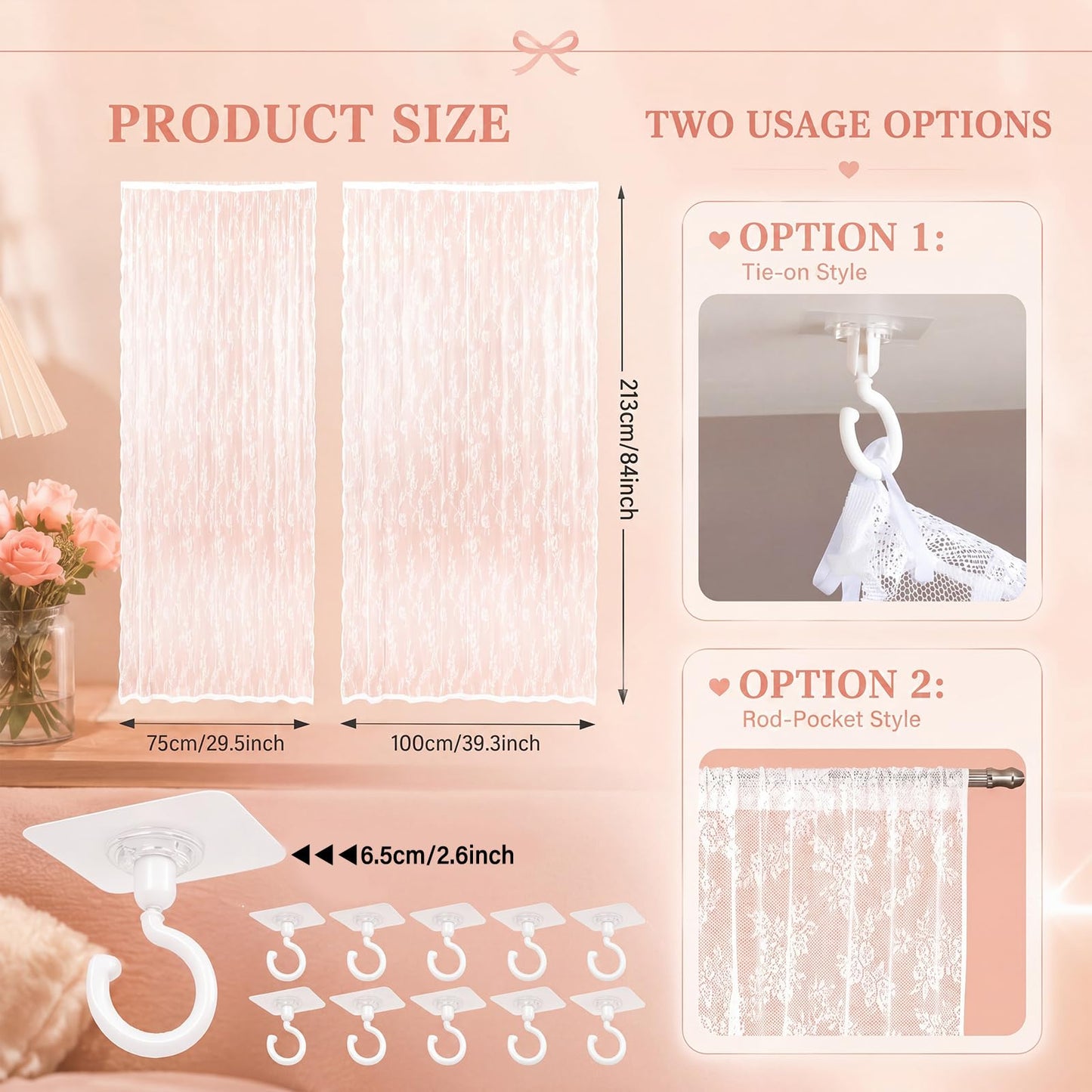 CrystalSylara 8 Panels Lace Bed Canopy Curtains with 10 Ceiling Hooks 40 x 84 and 30 x 84 Inch Curtains for Queen Size Bed Dorm Bedroom No Drill Romantic White Lace Canopy Tie Top DIY Setup