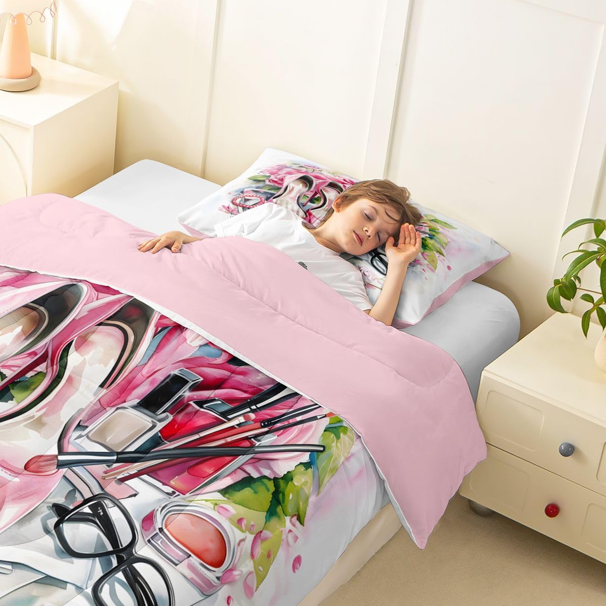Erosebridal High Heel Comforter Set Rose Floral Twin Bedding Sets for Girls Children Boys Book Perfume Girly Coquette Comforter Fashion Makeup Theme Quilt