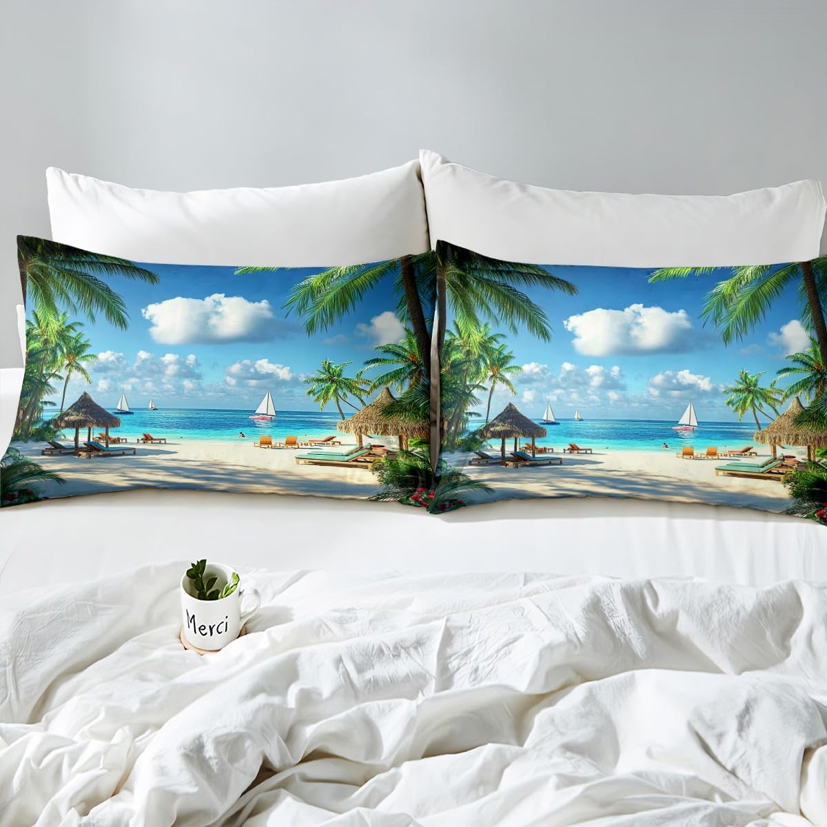 jejeloiu Hawaiian Beach Fitted Sheet Full Size Kids Palm Leaf Bed Sheets Set for Boys Girls Teens Sea Ocean Wave Summer Coastal Natural Scenery Bedding Set Room Decor