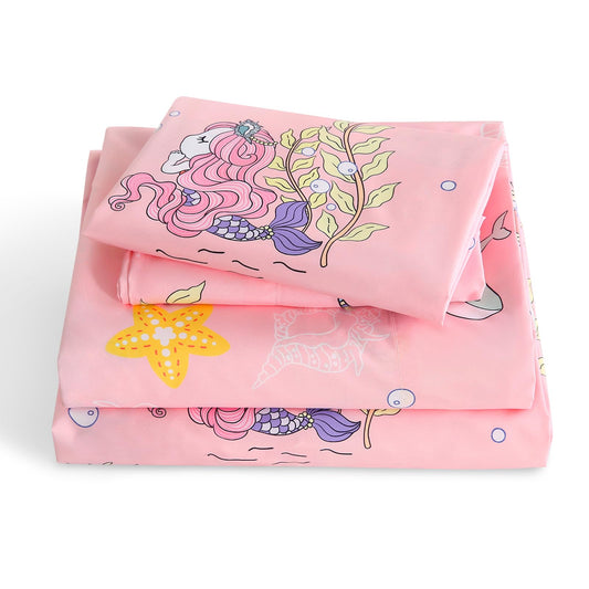 LONAVA Twin Sheet Set Kids - 3 Pieces Soft Microfiber Cartoon Style Bedsheets for Boys Girls Teens, Oeko TEX, Breathable Deep Pocket Sheets, (Mermaid)
