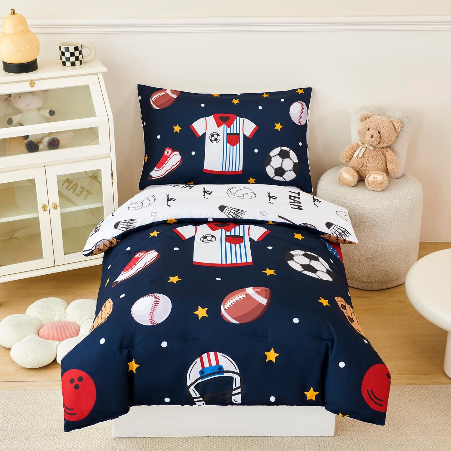 PERFEMET 4 Pieces Sports Toddler Bedding Sets for Boys Reversible Baseball Football Toddler Bed Set with Sheets Soft Fluffy Navy Blue Sport Kids Bed in a Bag for Bedroom(Sport, Toddler)