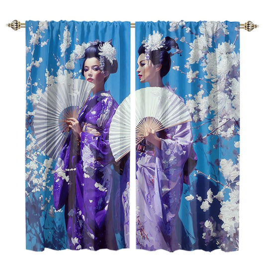 XSUPFLYM Elegant Retro Japanese Geisha Blackout Curtain Beautiful Modern Spring Plant Cherry Blossom Tree Asian Girl Pattern Thermal Insulated Curtain for Bedroom 2 Panels Each 21" W x 45" L