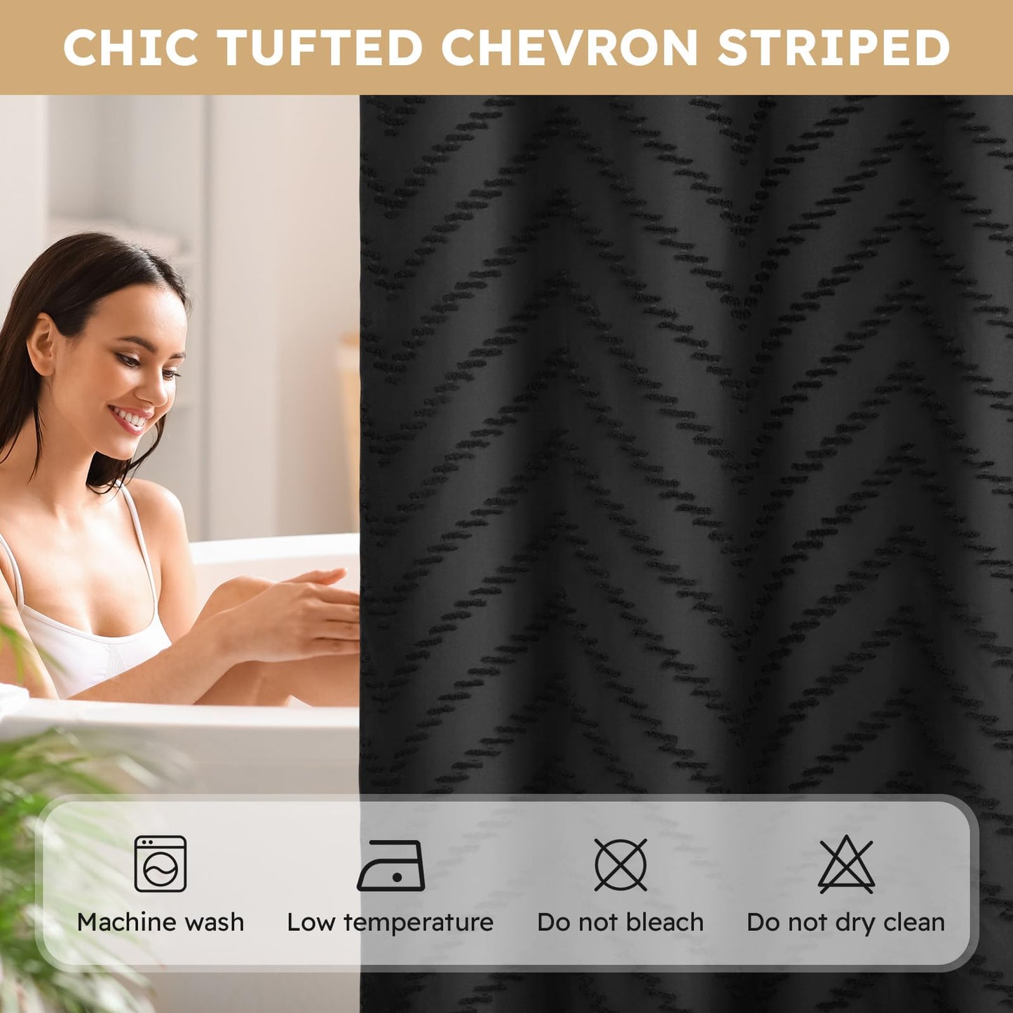 FADOTY No Hook Shower Curtain and Liner Set, Black Snap in Shower Curtain Ringless Chevron Tufted Cloth Waterproof Washable Fabric Bath Curtain with See Through Top Window for Bathroom Hotel 71" x 74"