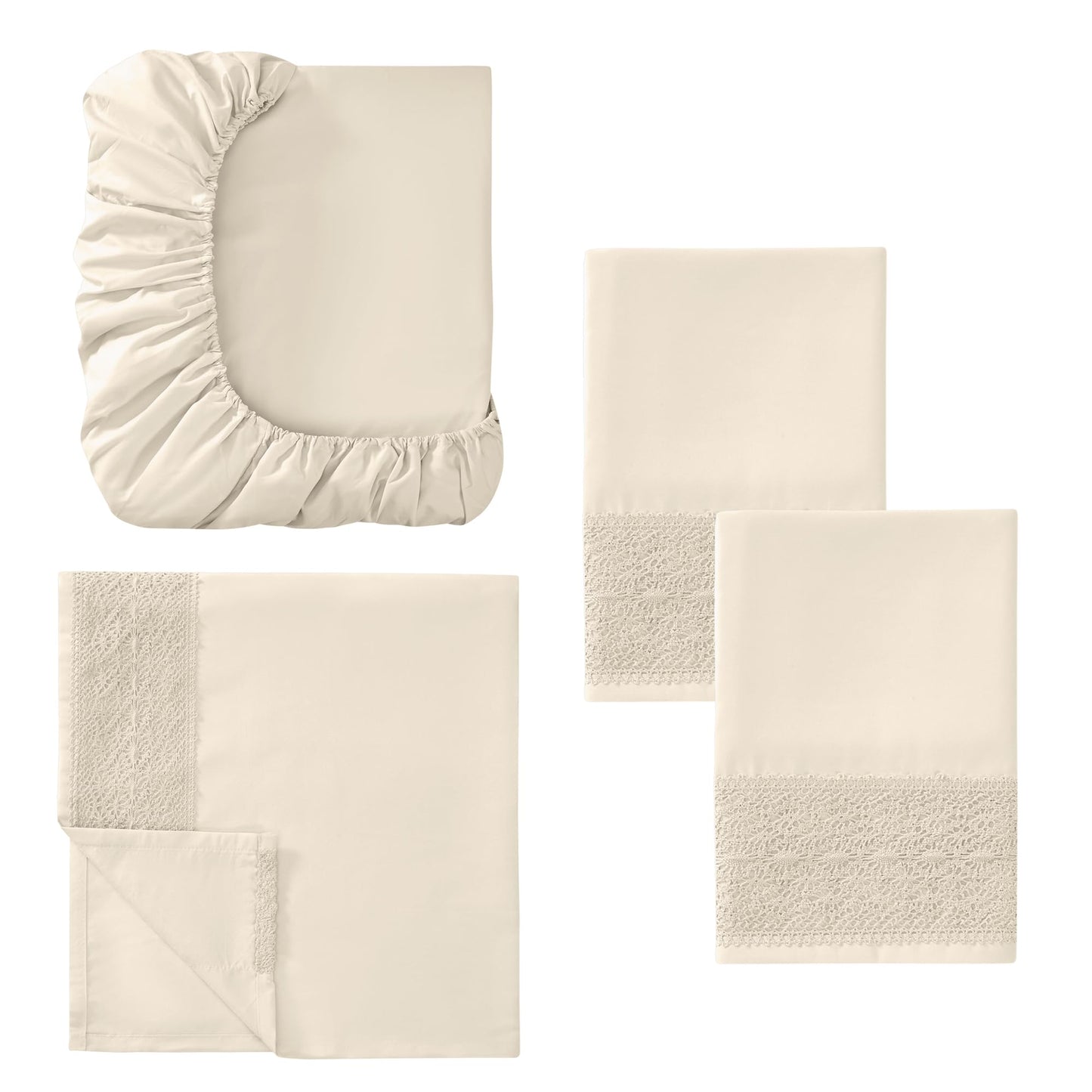 Modern Threads 4 Piece Microfiber Sheet Set – Soft Cooling Bed Sheets with Crochet Lace – Deep Pocket, Wrinkle Free, Breathable, Hotel Luxury Bedding, Beige, Queen