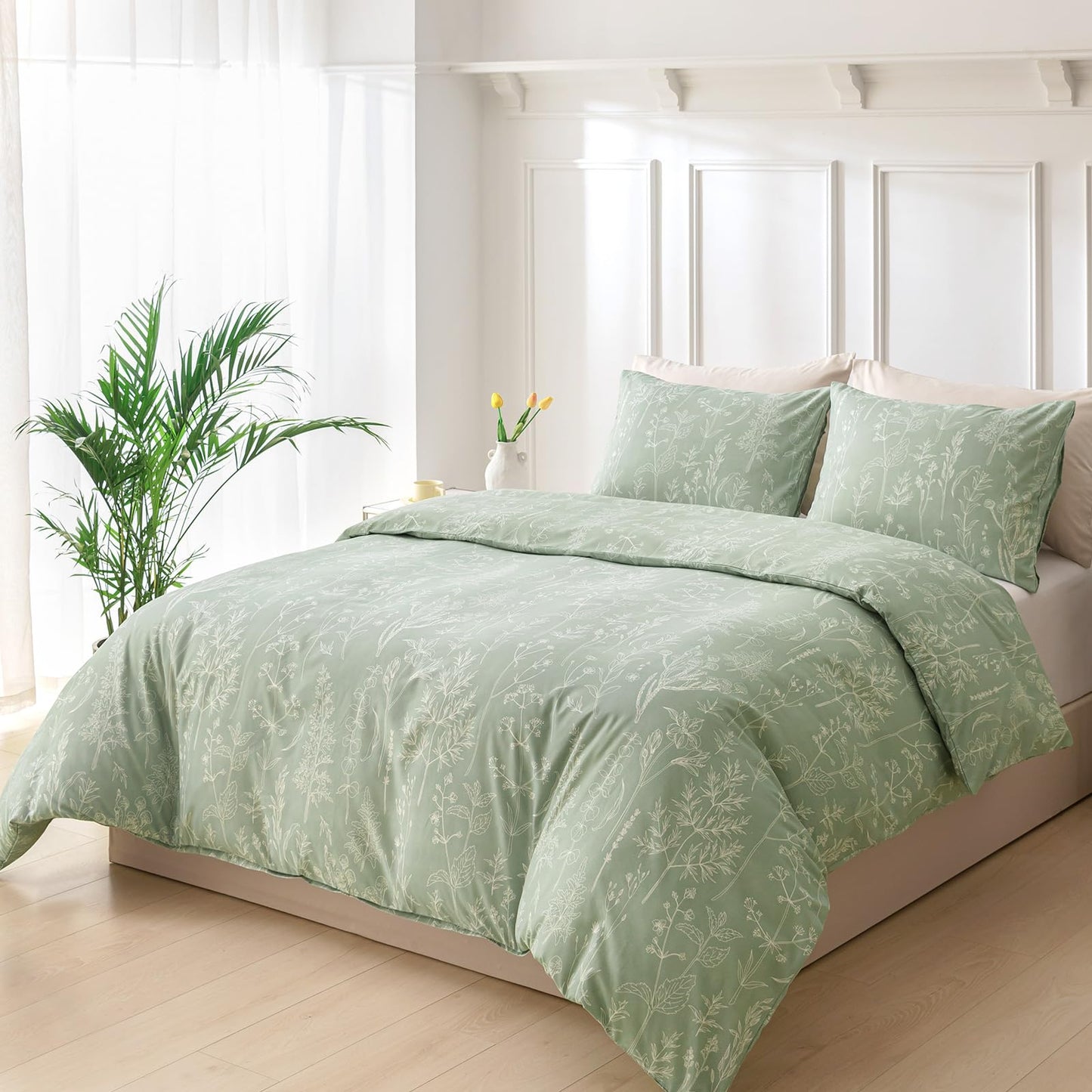 Lekesky Floral Duvet Cover King Size, Sage Green Duvet Cover King Plant Flowers Pattern Bedding Set for All Season, Soft Breathable Duvet Cover with Zipper Closure & Corner Ties