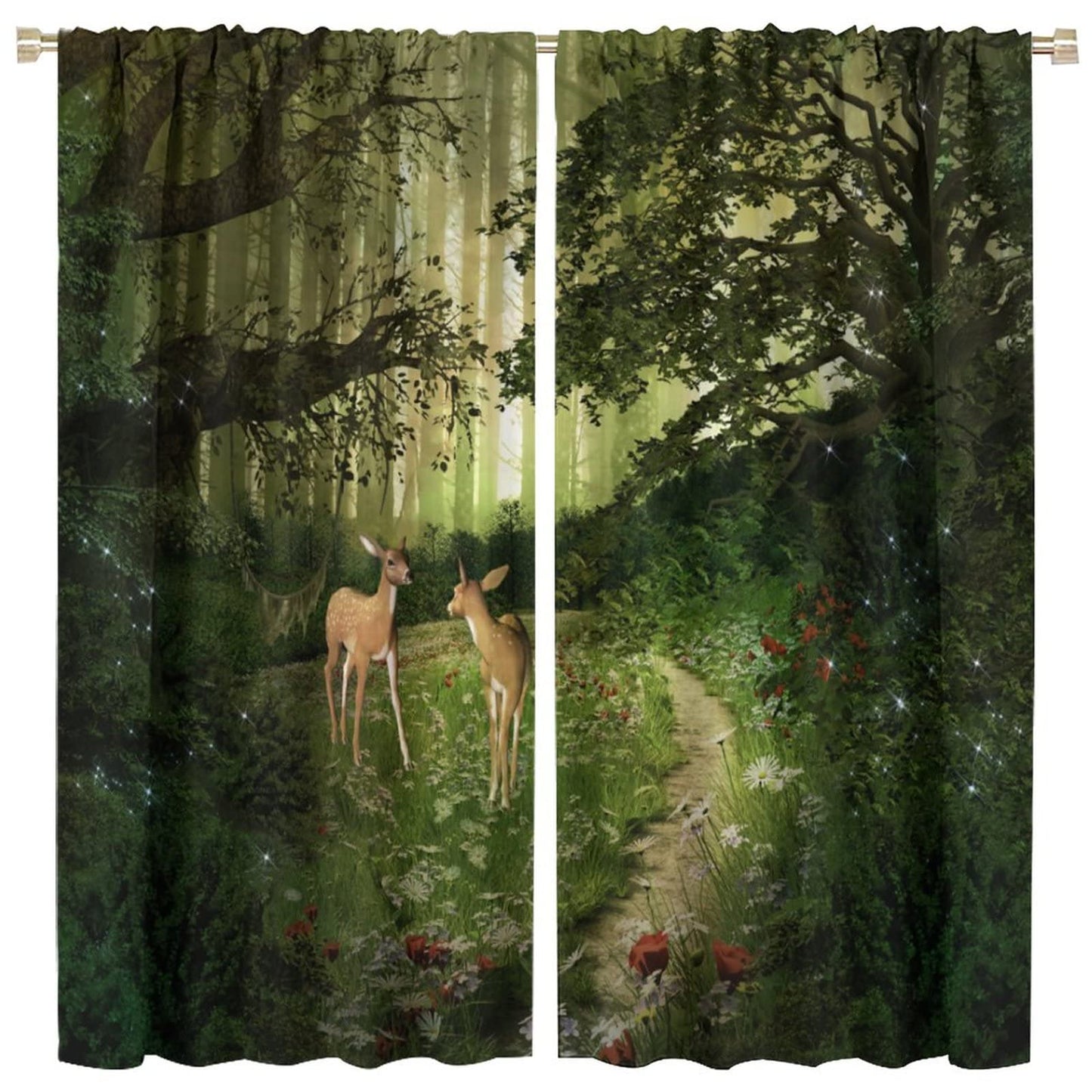 Fantasy Forest Blackout Curtains,Fairy Tale Green Forest Trees Deer Blackout Window Door Curtains for Bedroom Living Room Home Decor W42xL45in