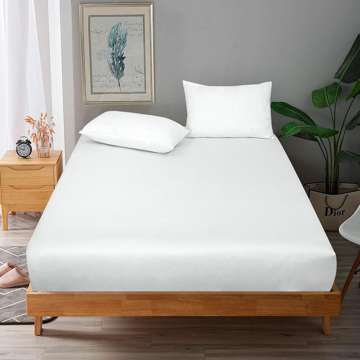 ROYALE LINENS 300 Thread Count 100% Long Staple Combed Cotton Fitted Sheet Queen - Super Soft Deep Pocket Bottom Sheet - Fitted Sheets Only - Elastic Sheets (Queen, White)