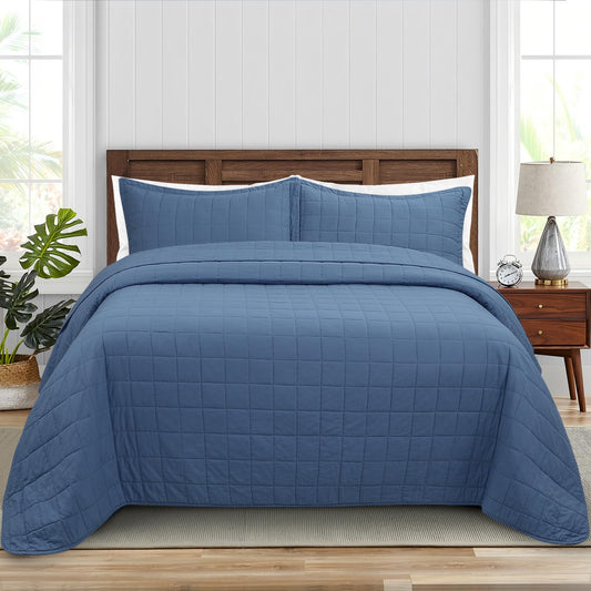 FFQSS Quilt Queen Size Bedding Sets - 100% Cotton Lightweight Luxury Comforter Set, Full Size Stitching Bedspreads Coverlet with 2 Pillowcase Suit for All Season, Blue