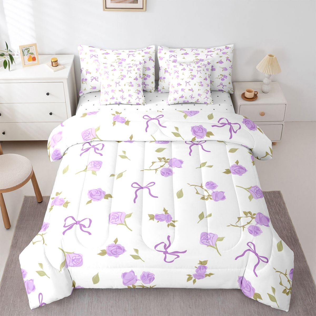 Erosebridal Ribbon Bow 7 Pcs Bedding Set Full Bowtie Comforter Set with Sheets Girly Princess Bowknot Bed in A Bag Fantasy Aesthetic Bedroom Decor