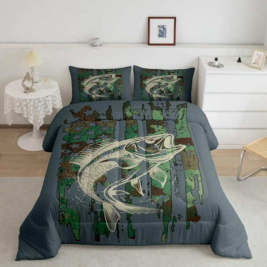 Feelyou Bass Fish Comforter Set Twin Size Green Camouflage Bedding Set for Fishing Lover Gifts Boys Girls Camo Pike Fish Fishing Comforter Wild Fisherman Bed Set Rustic Cabin Bedroom Decor