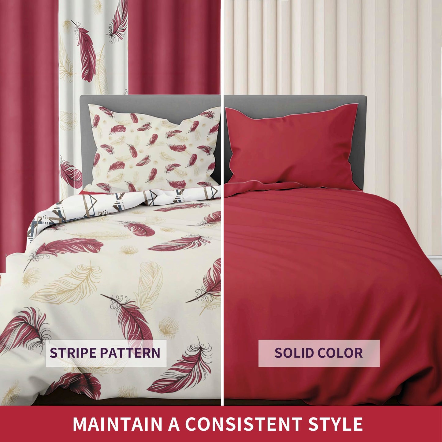 Deepsleep King Bedspread Set 9 Pieces, All Season Luxury Bed in a Bag for Bedroom, with 2 Pillowcases and 6 Curtains, Ultra-Soft Microfiber for Complete Bedroom Decor, Red and White Feather