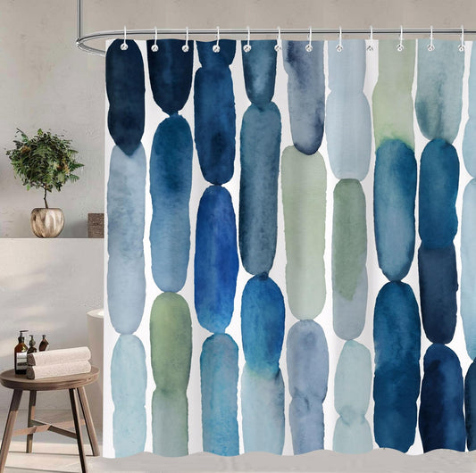 Yuphive Modern Oval Shower Curtain, Watercolor Abstract Artistic Stripes Shower Curtains for Bathroom, Unique Pattern Deep Blue Light Green Decor Fabric Shower Curtain Sets 12 Hooks 72X72 in