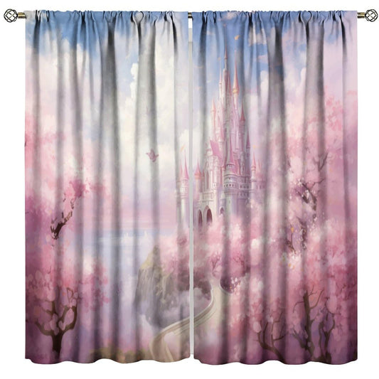 HZOHNAGO Castle Curtain Watercolor Pink Flowers Coast Castle Pattern Print Decor Rod Pocket Window Drapes for Bedroom Living Room 42x45in