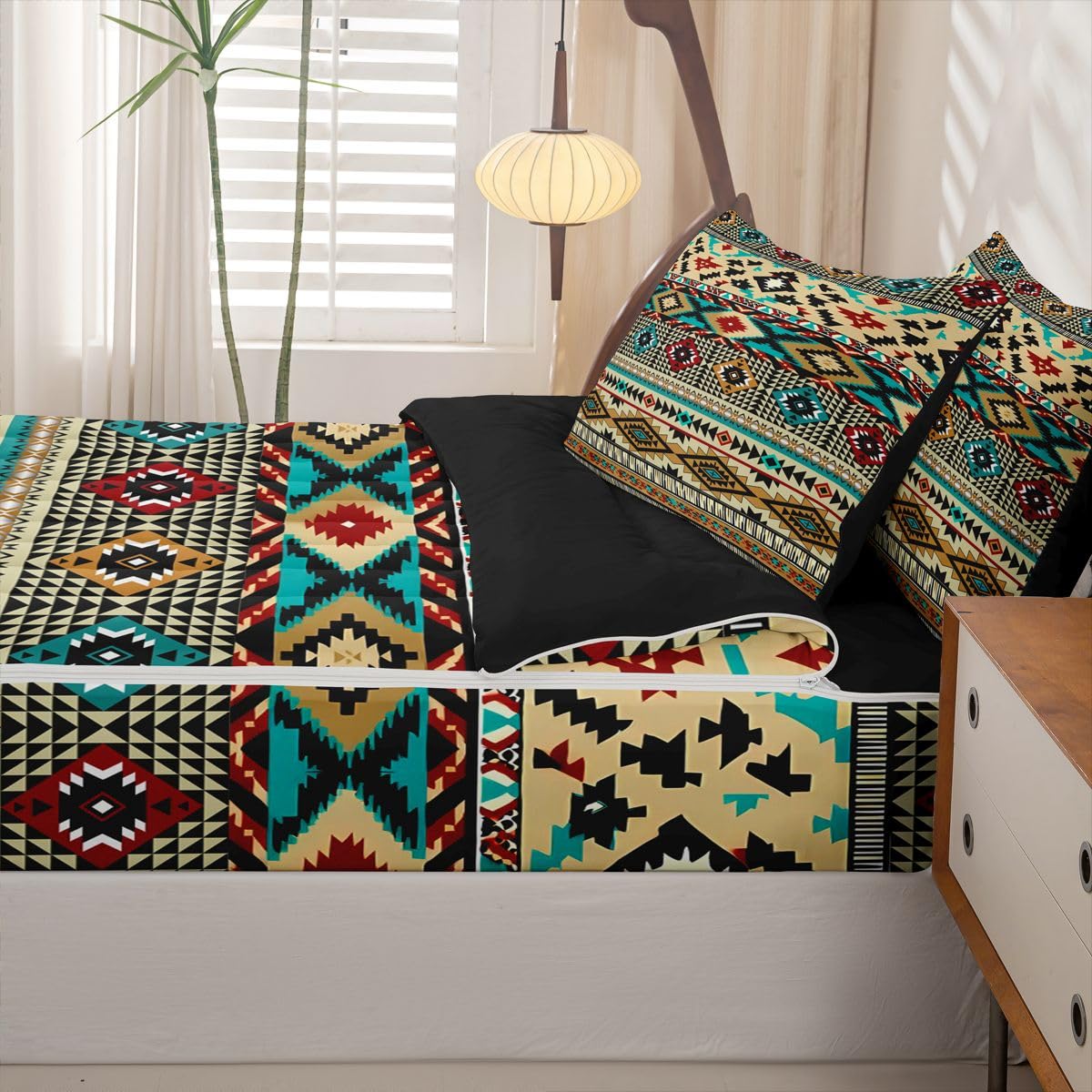 Western Geometric Zipper Bedding Queen Boho Western Zip Up Bedding Set for Boys, Bohemian Southwestern Bed in a Bag Vintage Rustic Farmhouse Comforter with Fitted Sheet and 2 Pillowcases Yellow