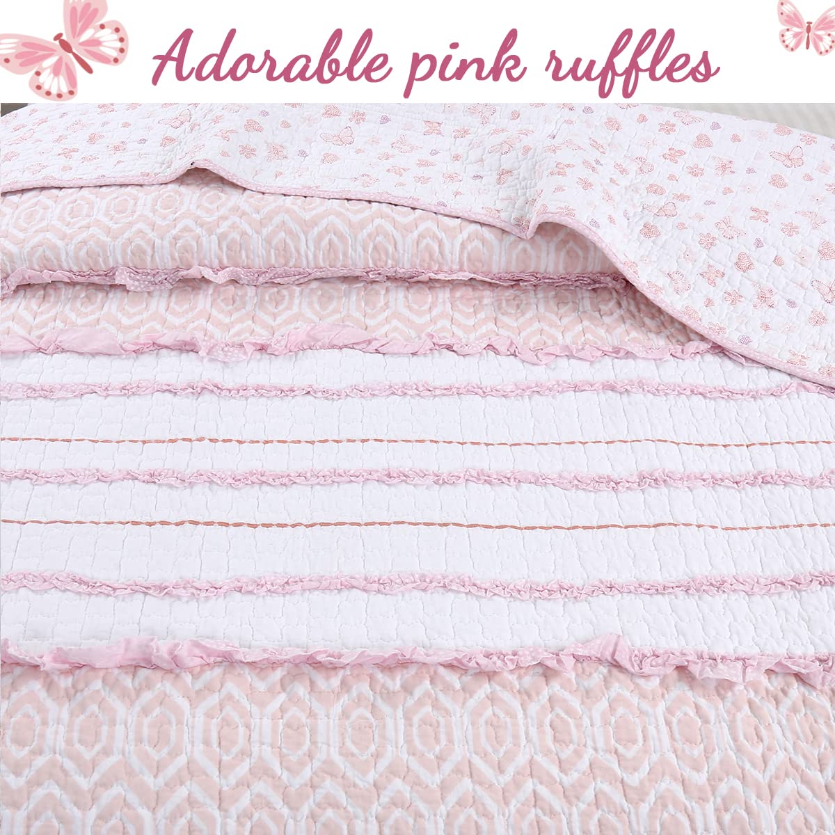 Cozy Line Home Fashions Pretty in Pink Girly Ruffle Stripped 100% Cotton Reversible Quilt Bedding Set, Coverlet, Bedspread (Pink Princess, Twin - 2 Piece: 1 Quilt + 1 Sham)