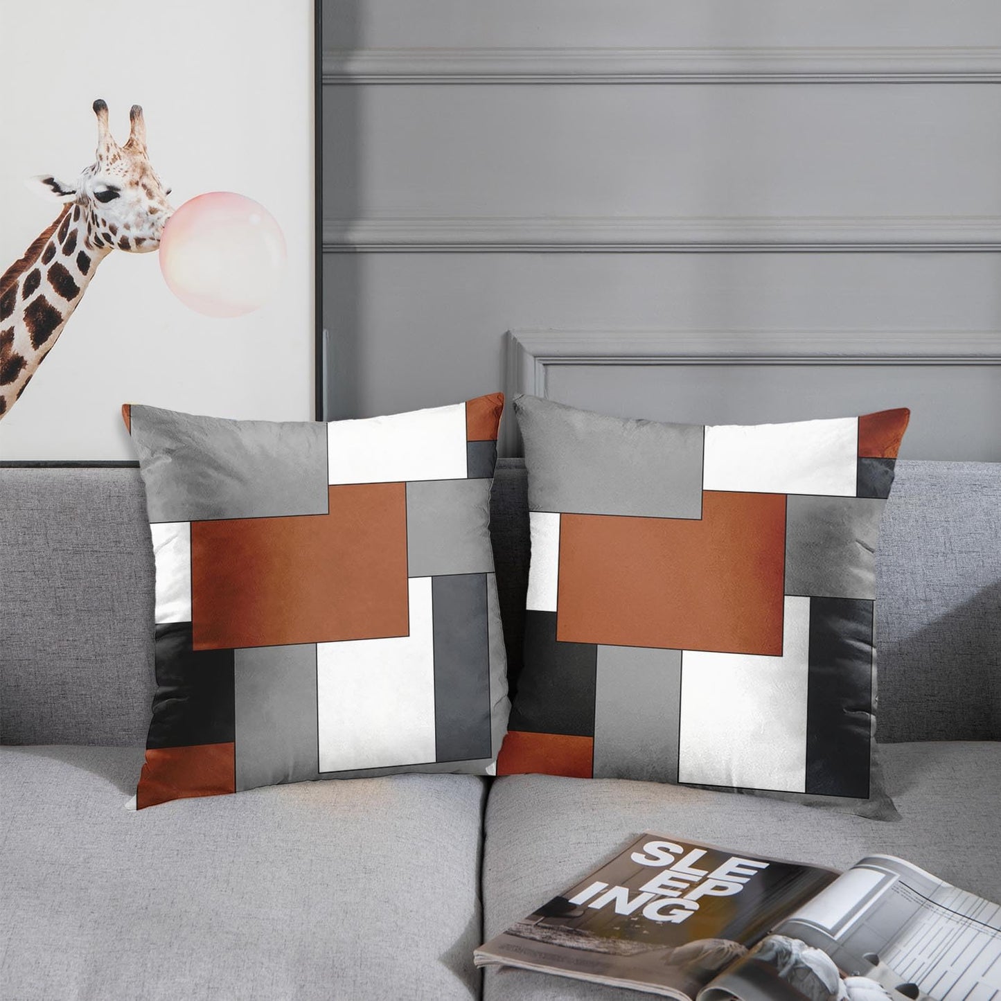 Emvency Set of 2 Dark Rust Geometric Throw Pillow Cover Black Grey White Painting Abstract Checkered Design Decorative Pillow Case Modern Home Decor Standard Square 18x18 Inch Cushion Pillowcase