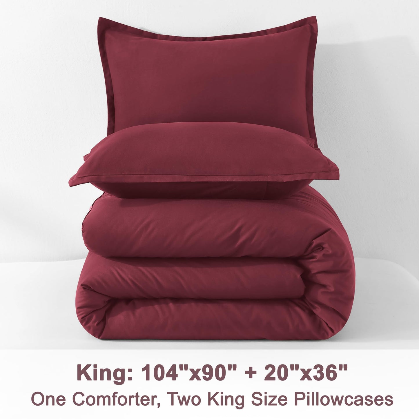 Litanika Burgundy Red Comforter Set King Size, 3 Pieces Lightweight Solid Bedding Comforter Set, All Season Fluffy Bed Set (104x90In Comforter & 2 Pillowcases)