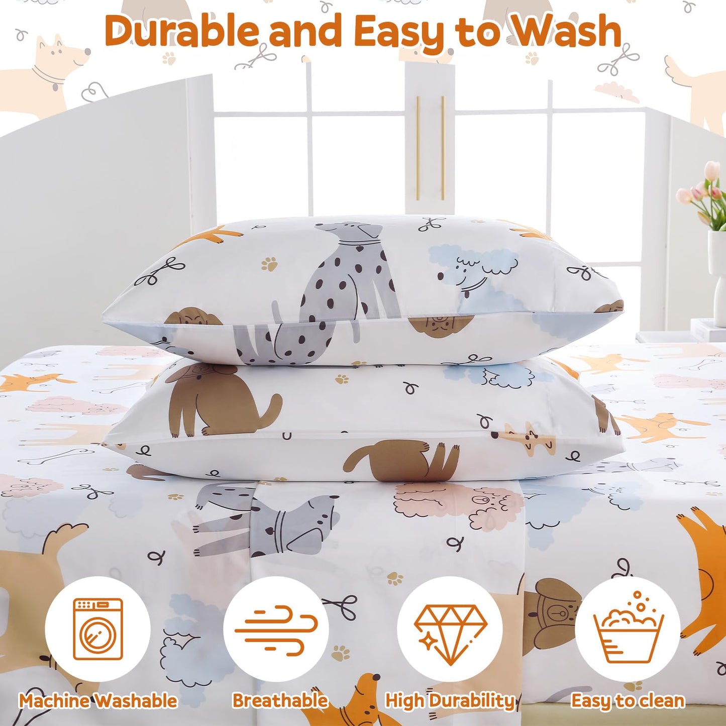 ChicView Queen Sheet Set Kids,4 Pieces Breathable Soft Microfiber Bedsheets for Child Boys Girls, Anti Pilling Deep Pockets Easy Care Bed Sheets, Puppy