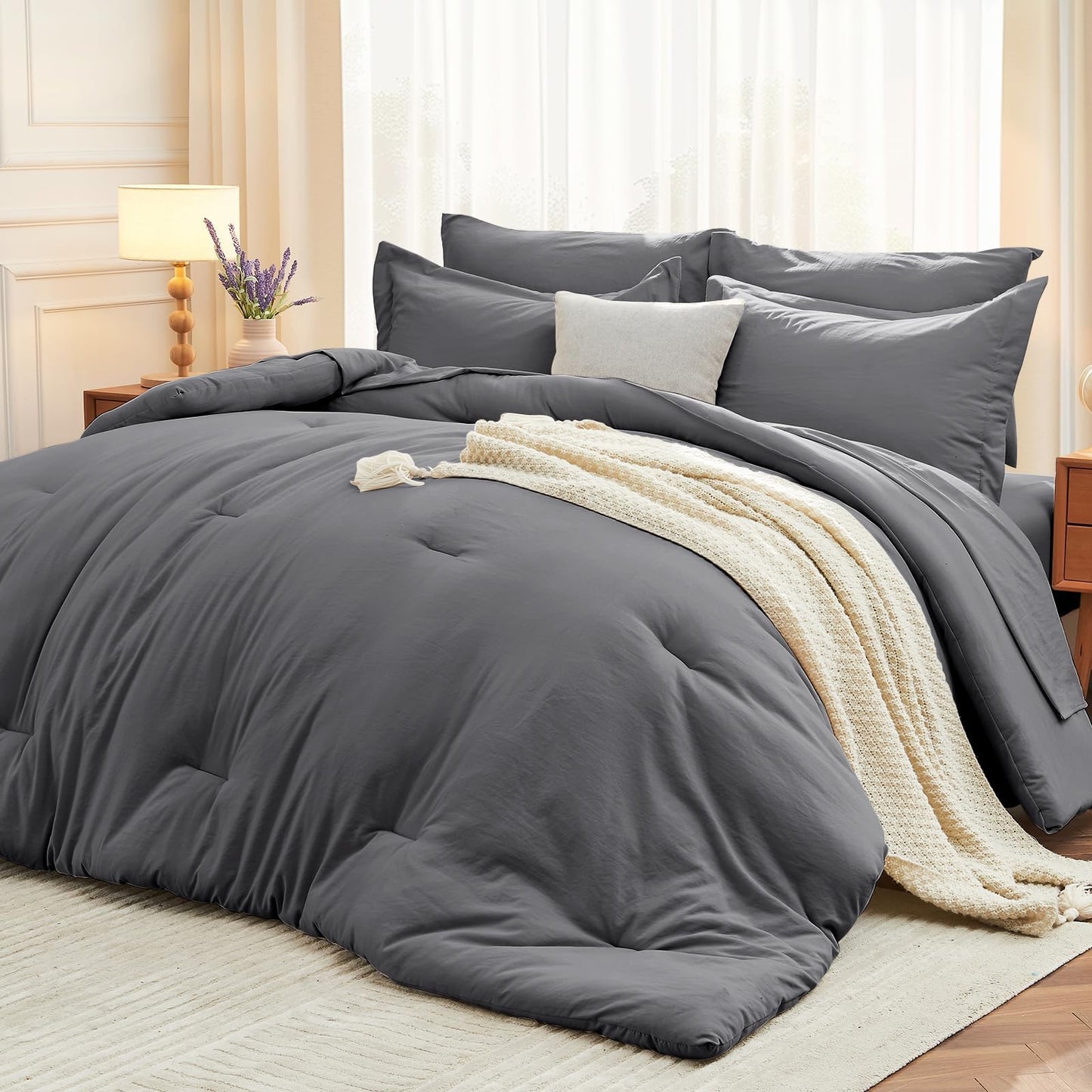 MUXHOMO 7 Pieces King Comforter Set, Soft Bed in a Bag King Size, All Season Bedding Set with Comforter, Flat Sheet, Fitted Sheet, Pillowcases & Shams, Dark Grey