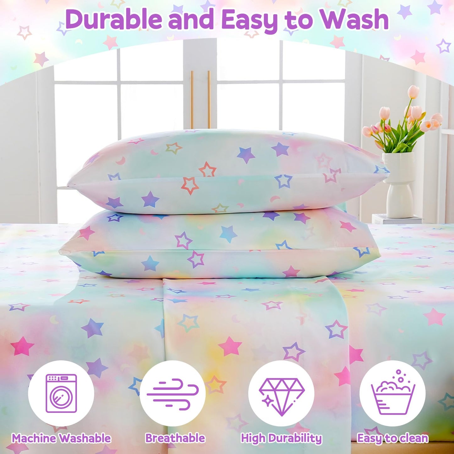 ChicView Queen Sheet Set Kids,4 Pieces Breathable Soft Microfiber Bedsheets for Child Boys Girls, Anti Pilling Deep Pockets Easy Care Bed Sheets, Stars